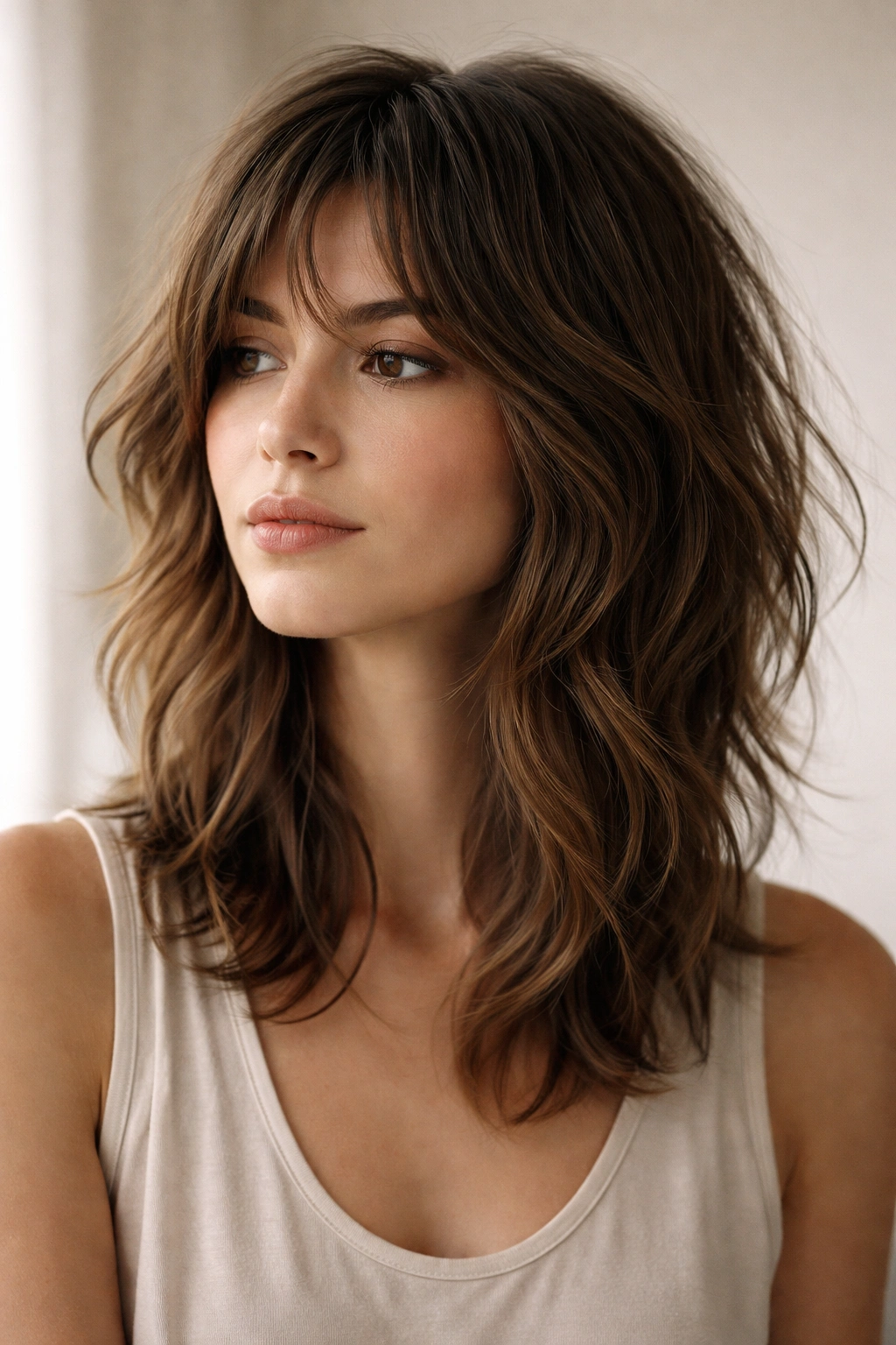 Close-up of a person with a shoulder-length shag showing textured waves in a neutral studio setting