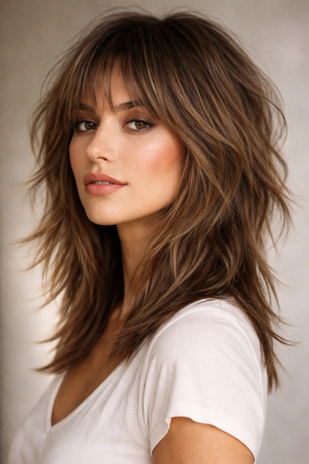 Close-up of a textured shag haircut with multiple layered ends