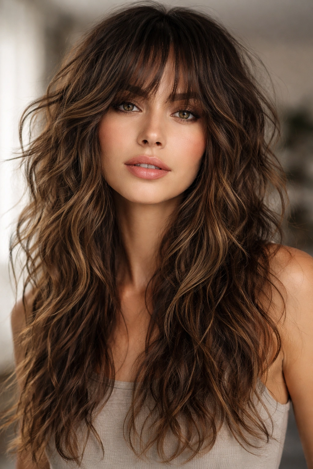 Heavy textured shag cut with pronounced layers and natural waves