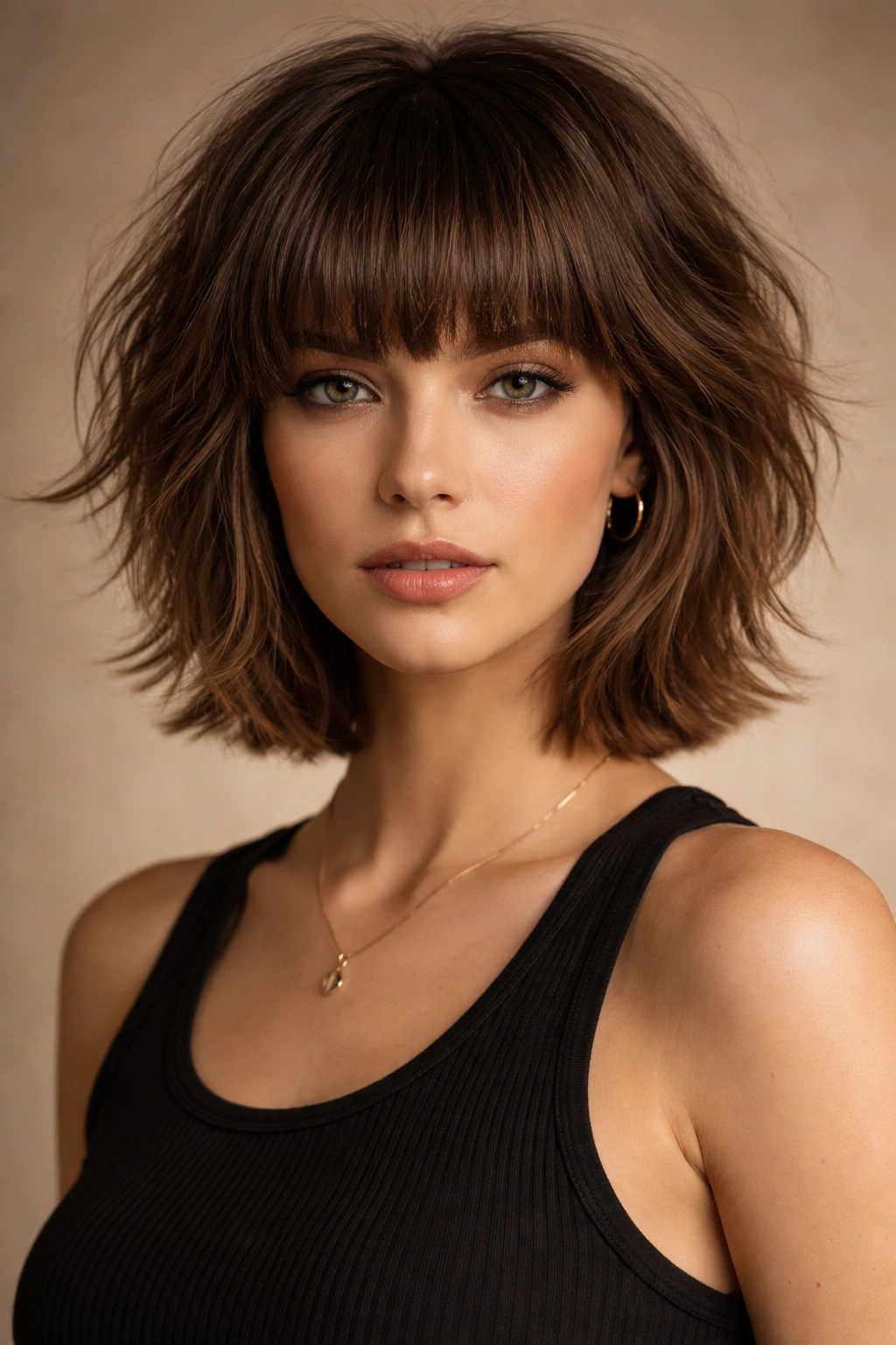 Shaggy short hairstyle with thick blunt bangs and layered crown
