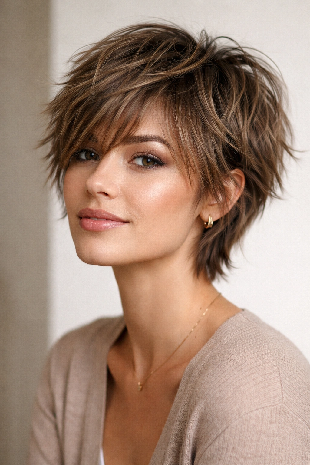 Shaggy crop hairstyle with wispy layers in a portrait.