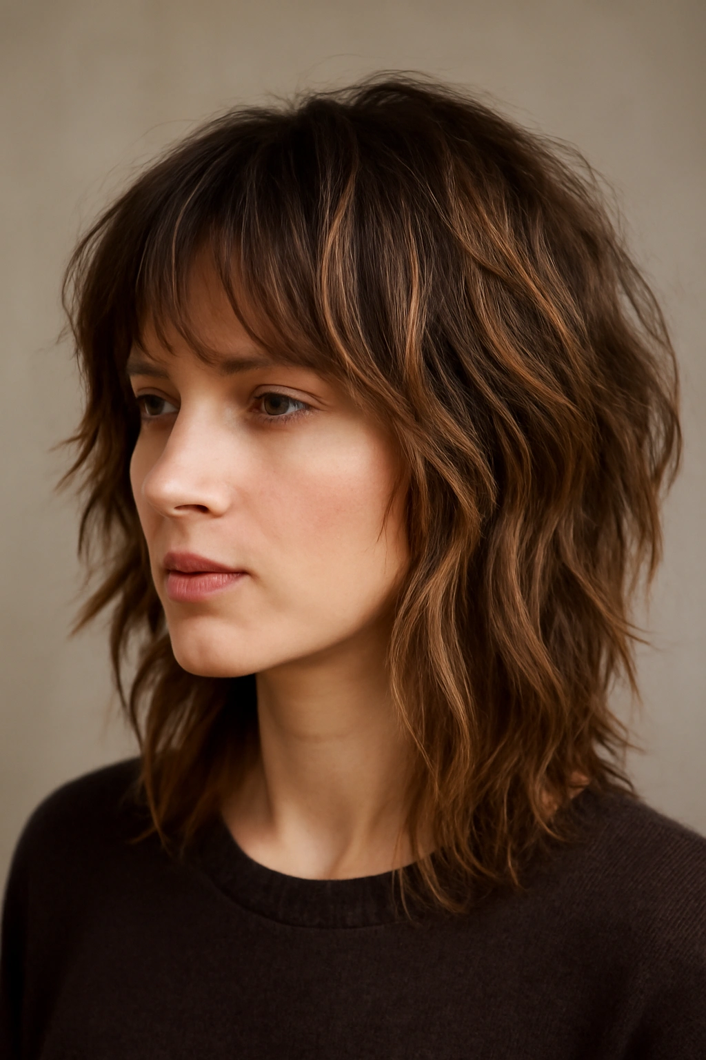 Close-up of a textured shag haircut with balayage highlights emphasizing texture