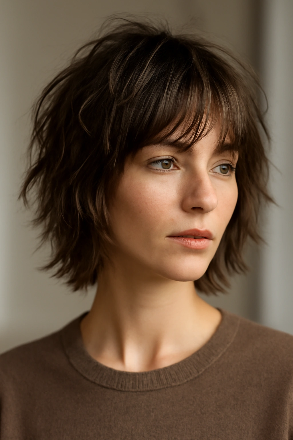 Tousled shag with piece-y bangs in a natural beachy style