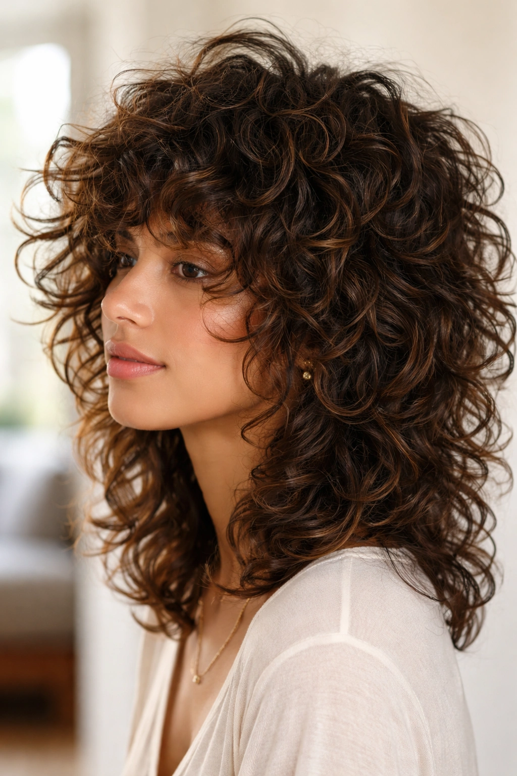 Three-quarter view of a curly-haired person with a layered shag cut