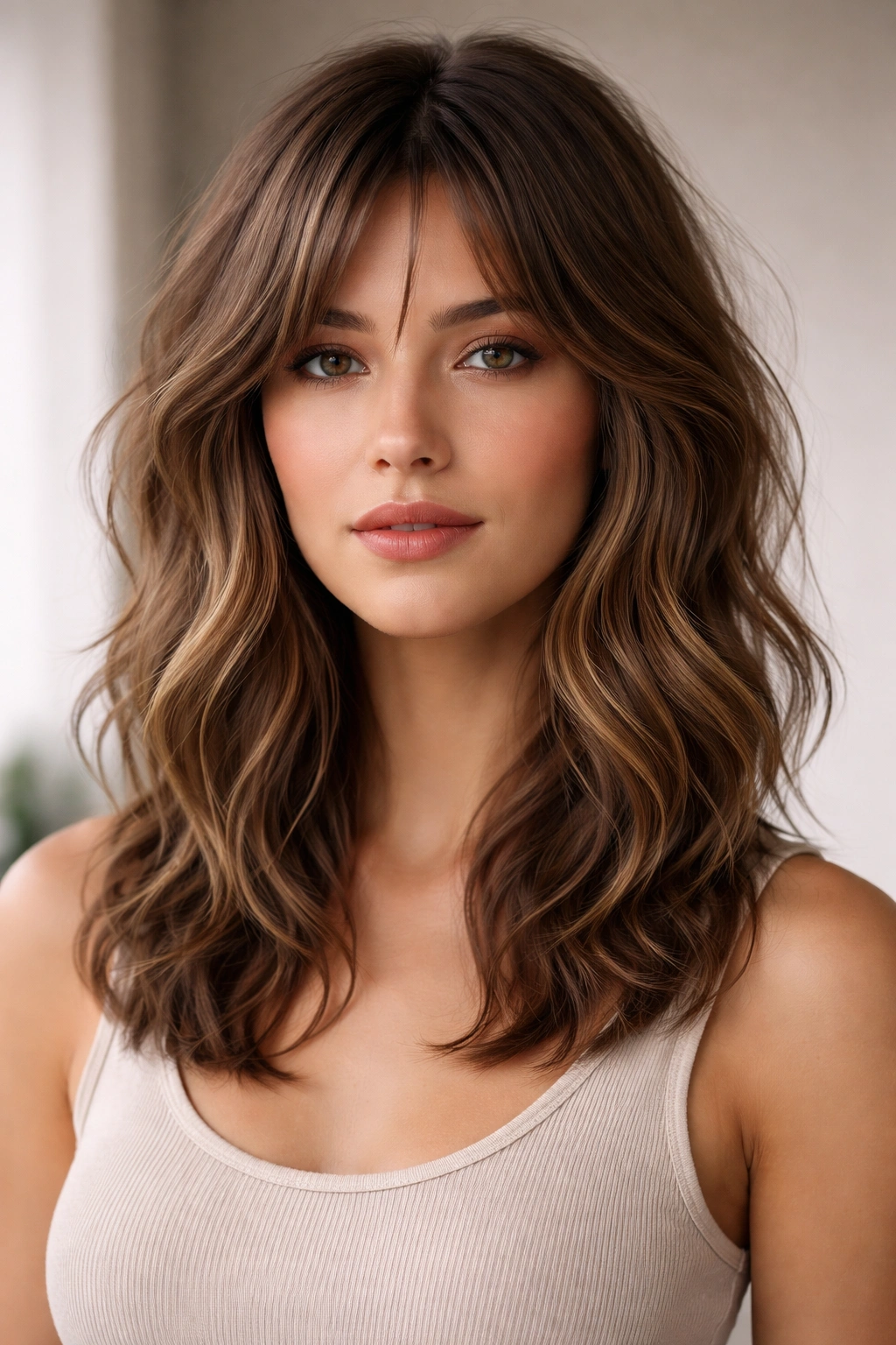 Shag lob with waves on an oval face showing movement and layered texture