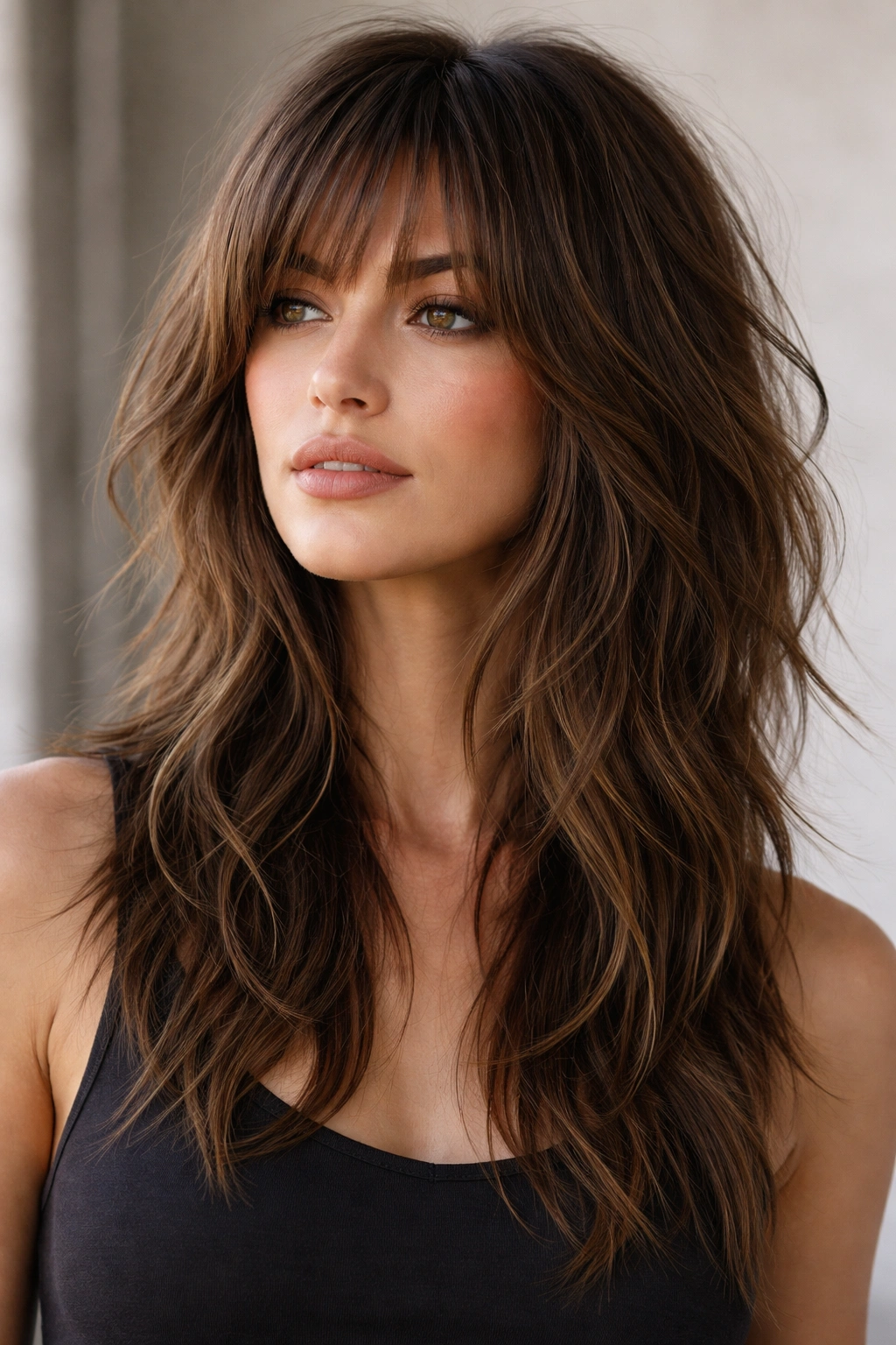 Shoulder-length choppy shag with long textured layers and distinct ends
