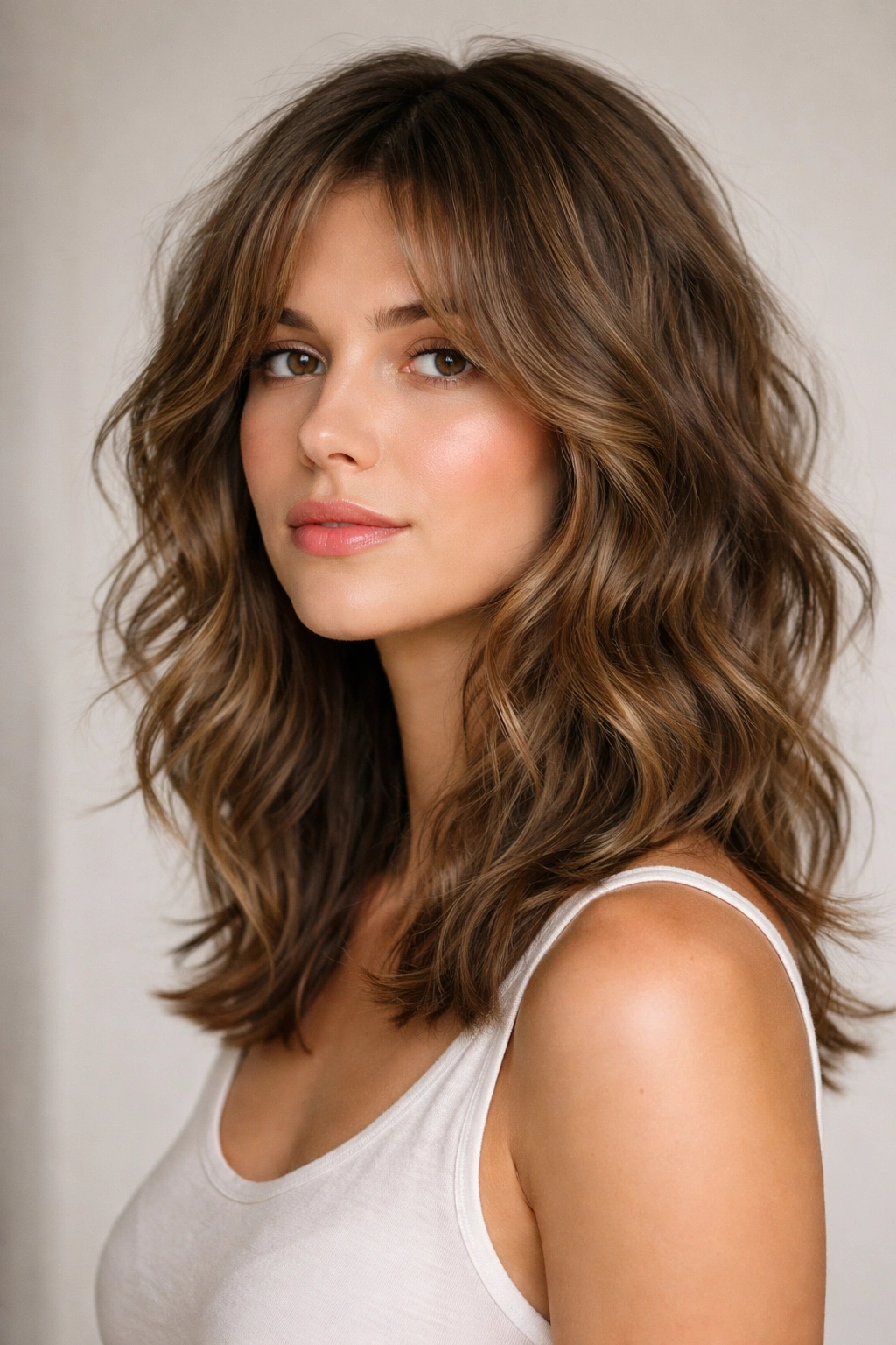 Close-up of shoulder-length shag with loose waves and face-framing layers