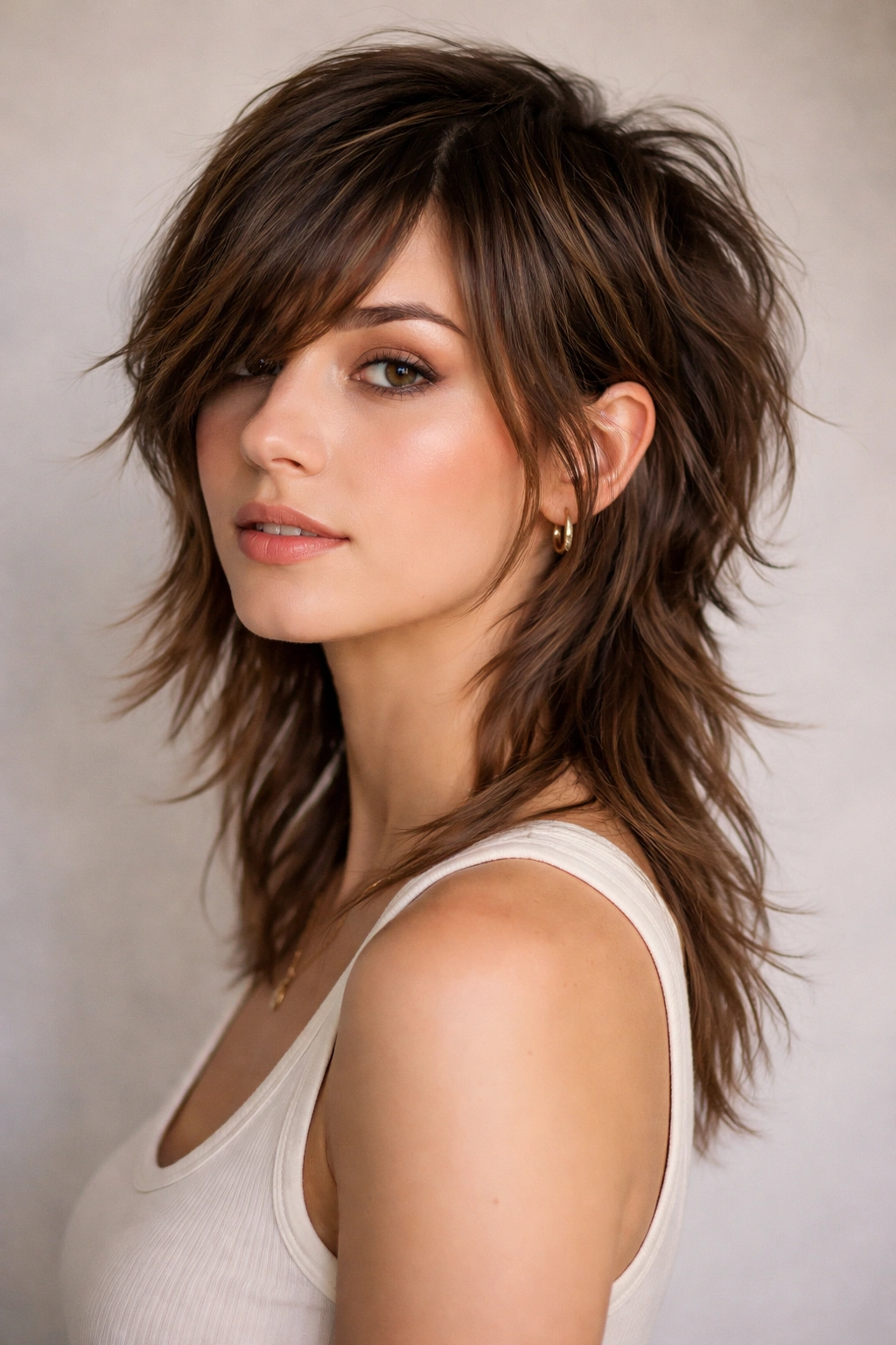 Mullet shag fusion with side-swept top bangs showing back length and top texture
