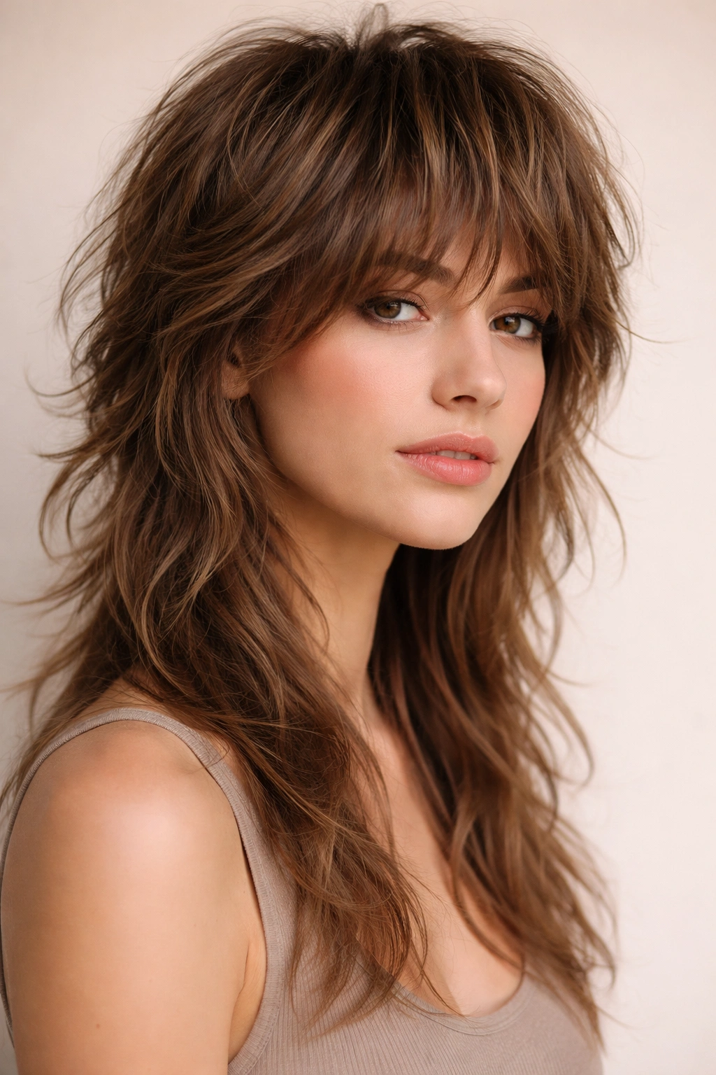 Portrait of a person with a shag mullet showing all-over textured layers