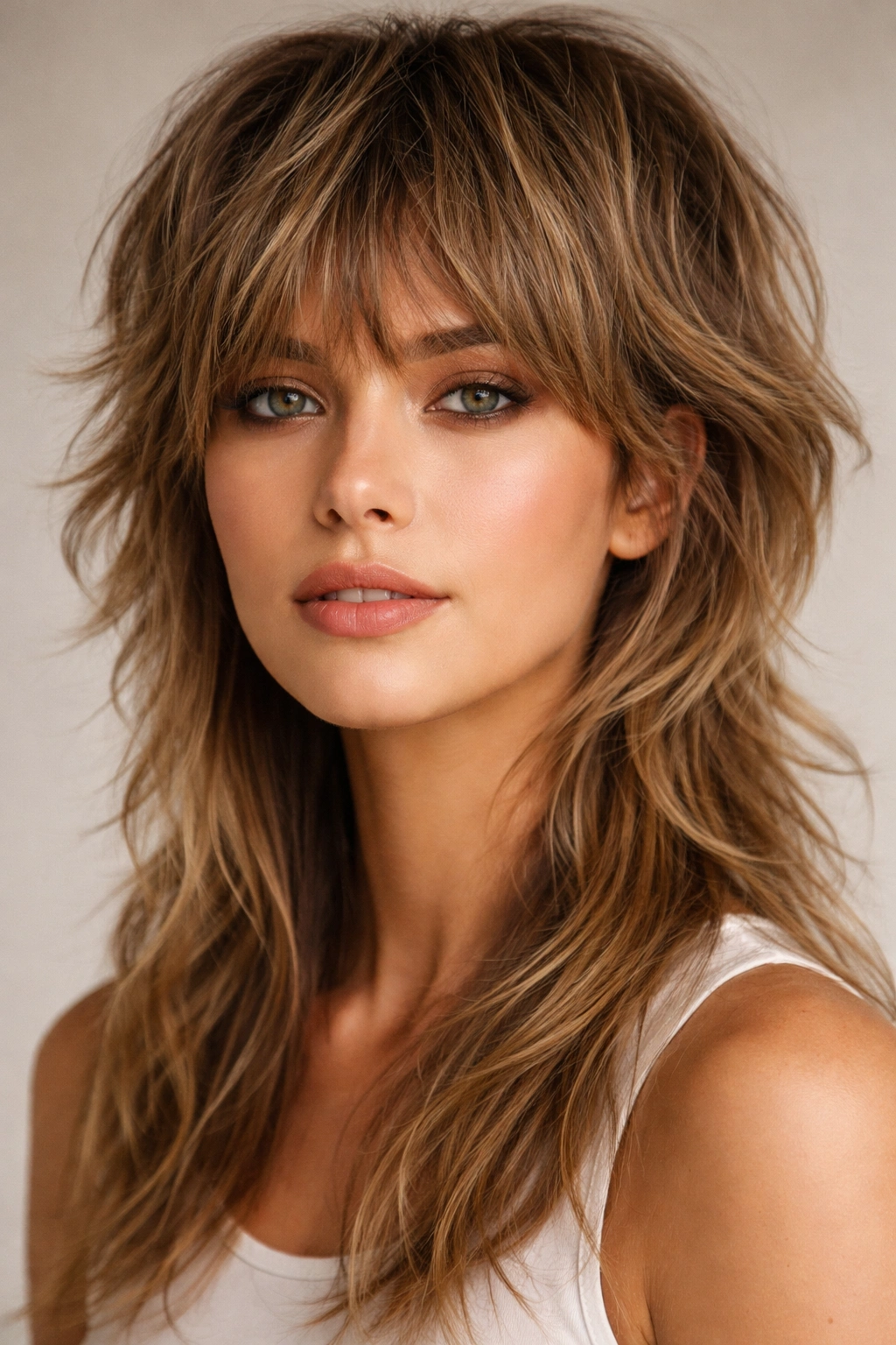 Shag mullet with layered texture from short front to long back.