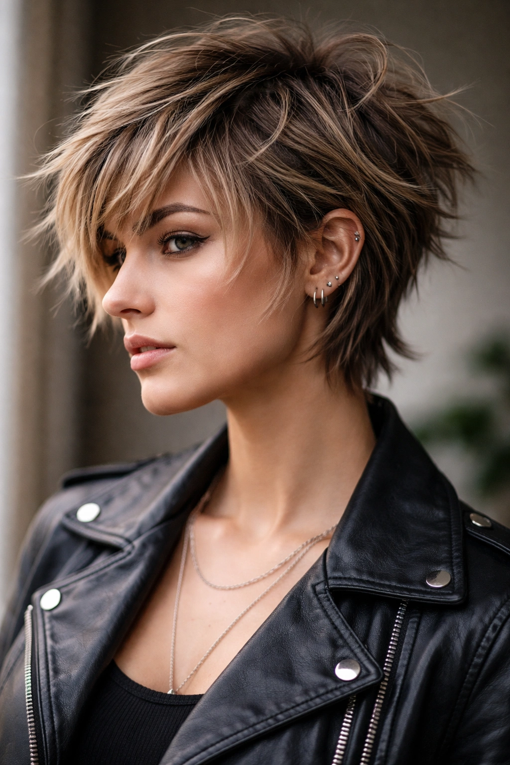 Shaggy pixie with feathered layers and dynamic movement.