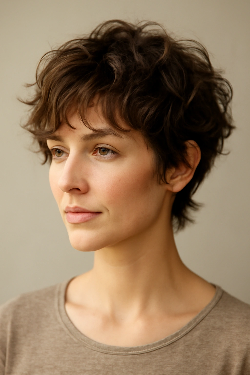Close-up of The Shaggy Wavy Pixie with longer crown and face-framing layers forming natural waves