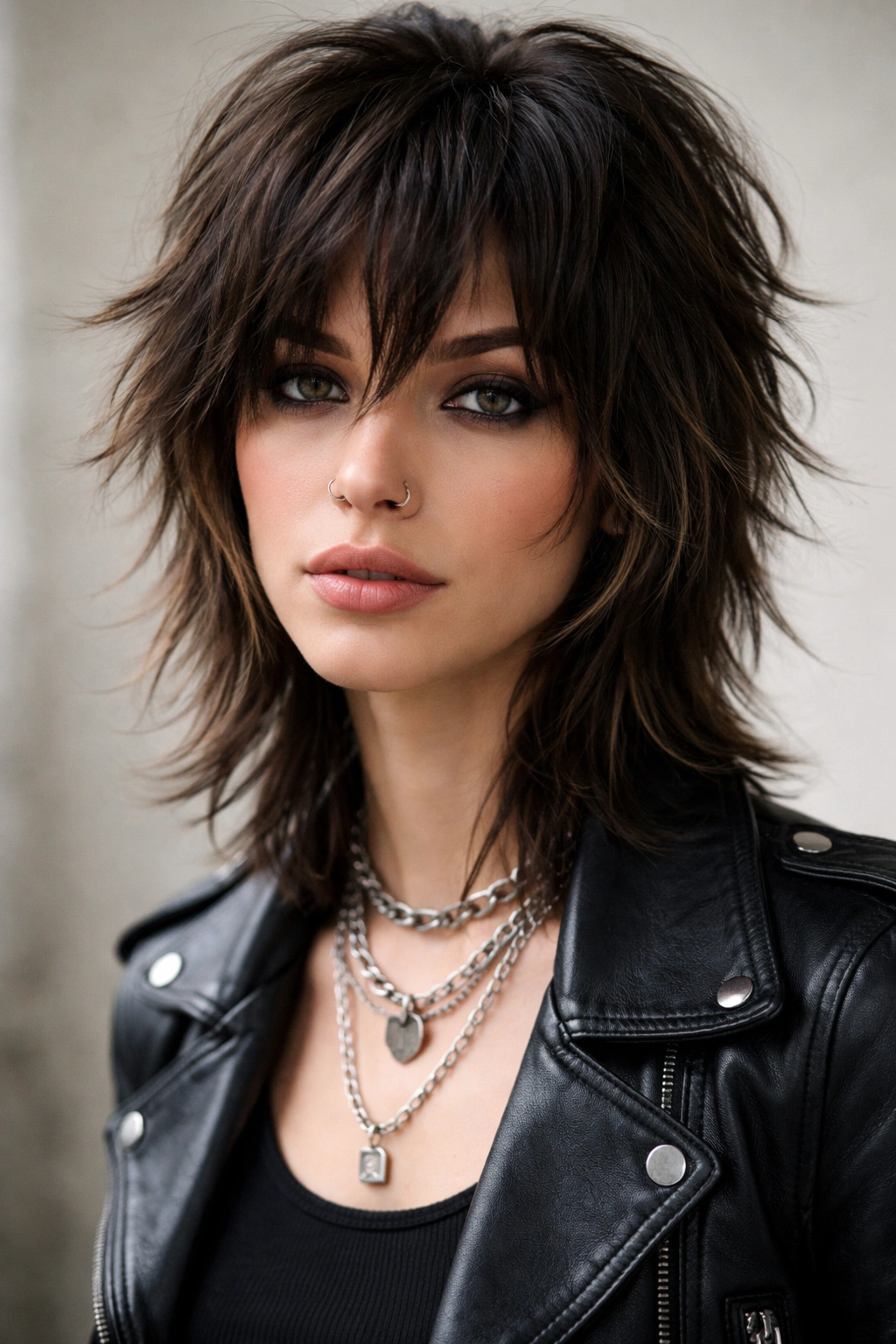 Close-up portrait of a person with a modern shag haircut featuring raw, ragged edges and shorter crown.