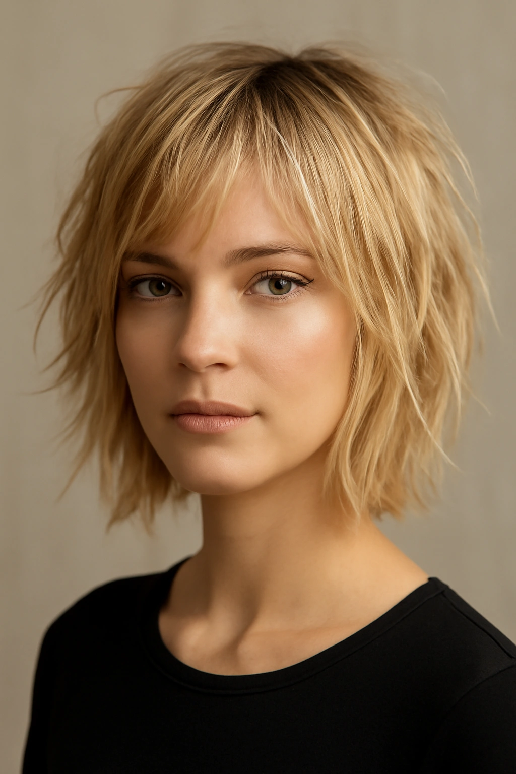 Blonde shaggy short bob with chin-length cut and face-framing layers in studio setup