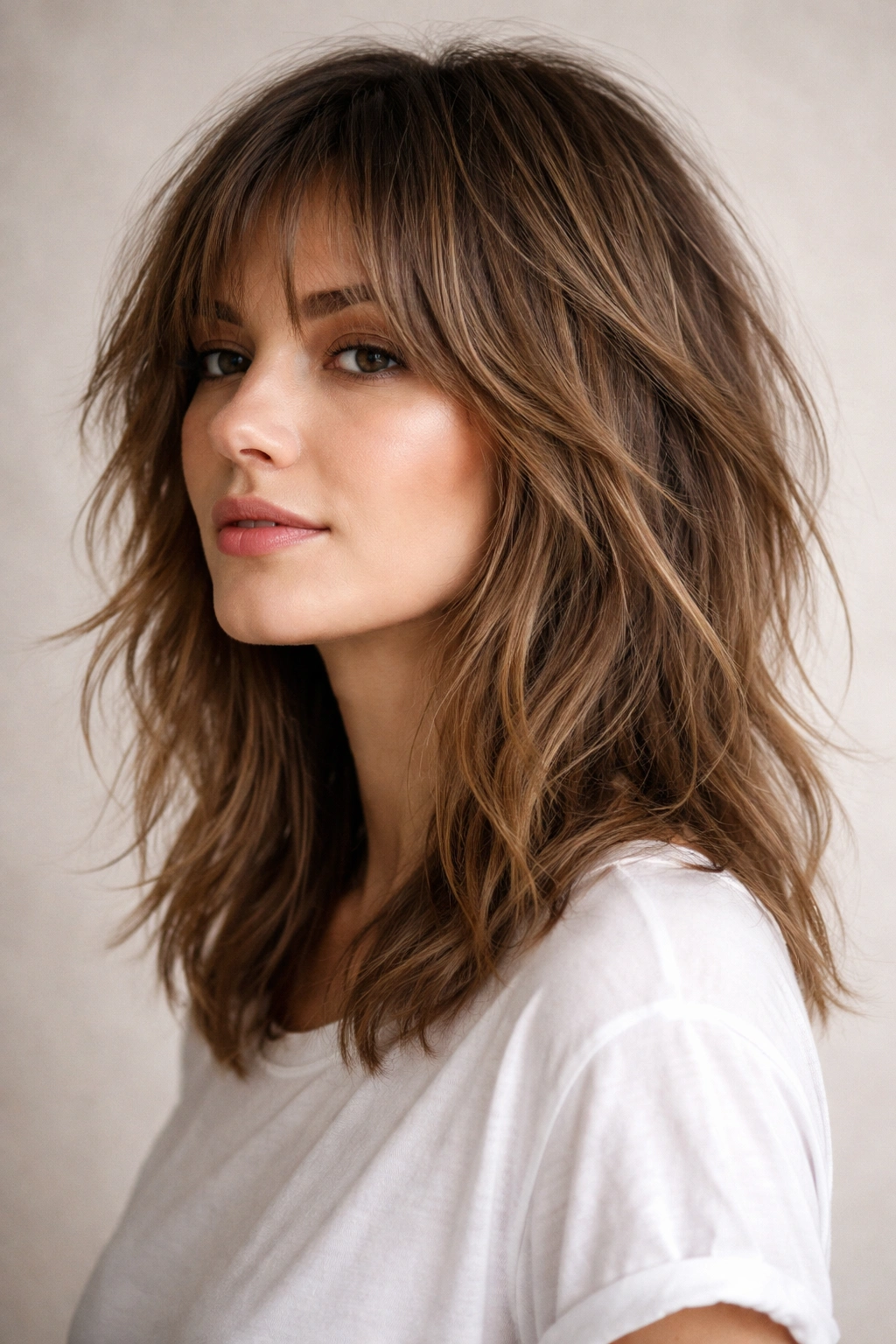 Shoulder-length shag with choppy layers.