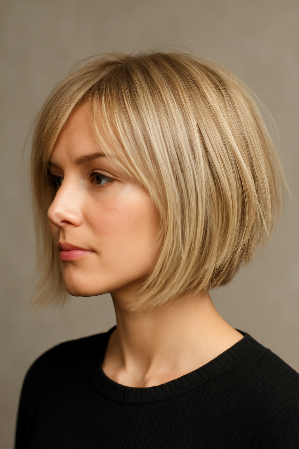 Close-up of a straight blonde shag with long top and short layers