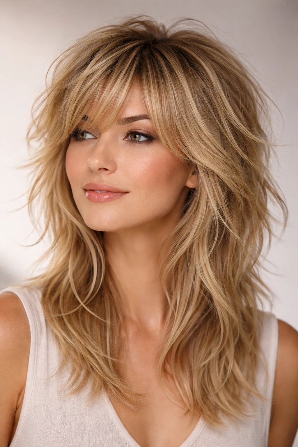 Three-quarter view of a modern shag cut with mixed-length layers and texture