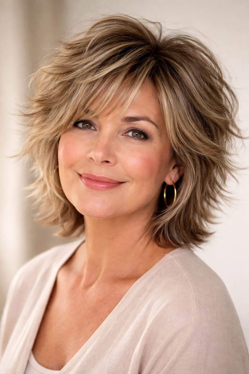 Close-up of a textured, tousled shag on a round-faced model over 50