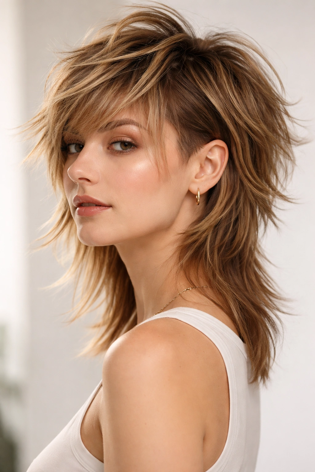 Close-up of a shag haircut with a visible undercut at the nape providing top-volume lift