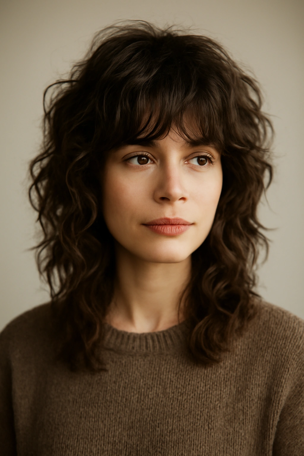 Shag hairstyle styled to enhance natural waves with textured layers.