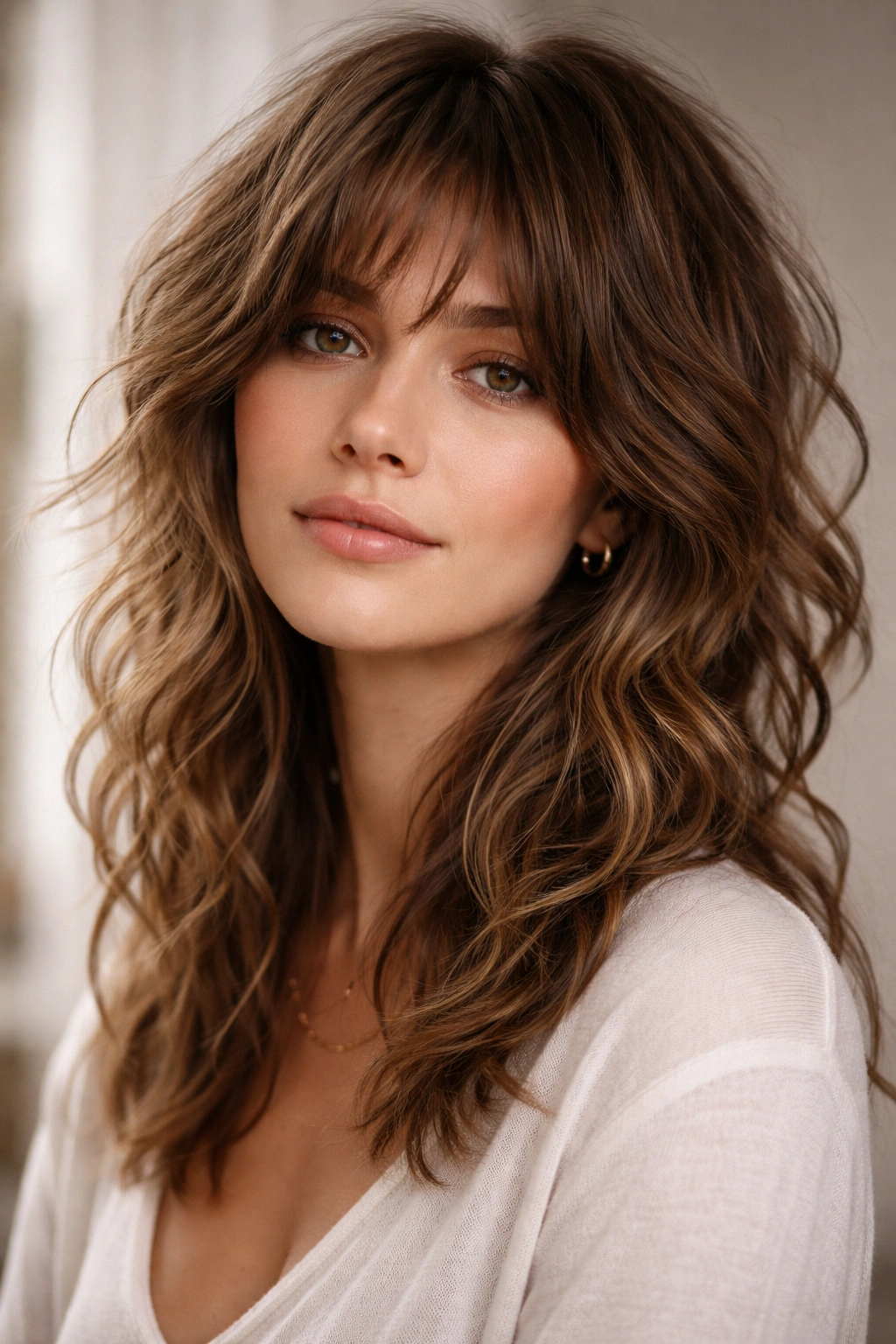 Close-up of natural wavy shag with chin-to-shoulder layers and defined texture
