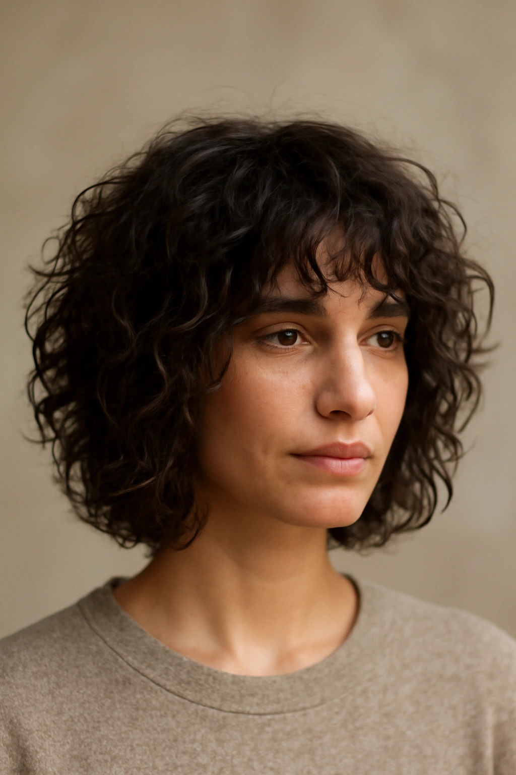 Shaggy angle-cut bob with long front layers and textured movement