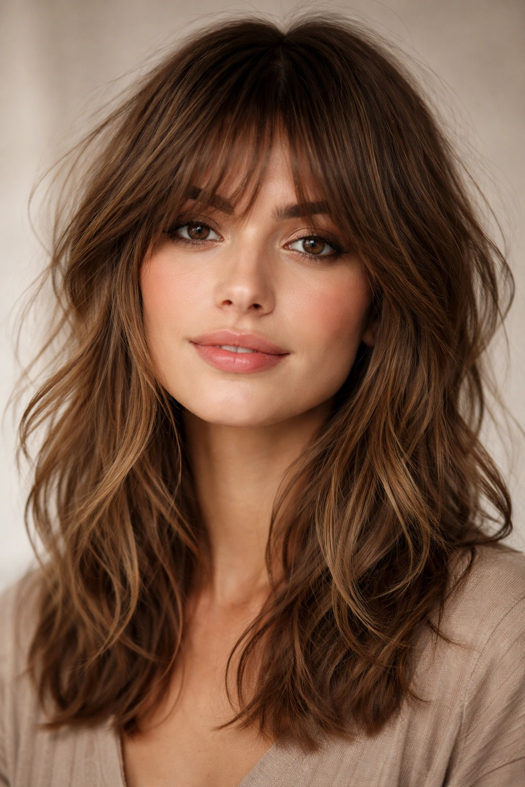 Textured shaggy bangs with layered pieces on medium-length hair