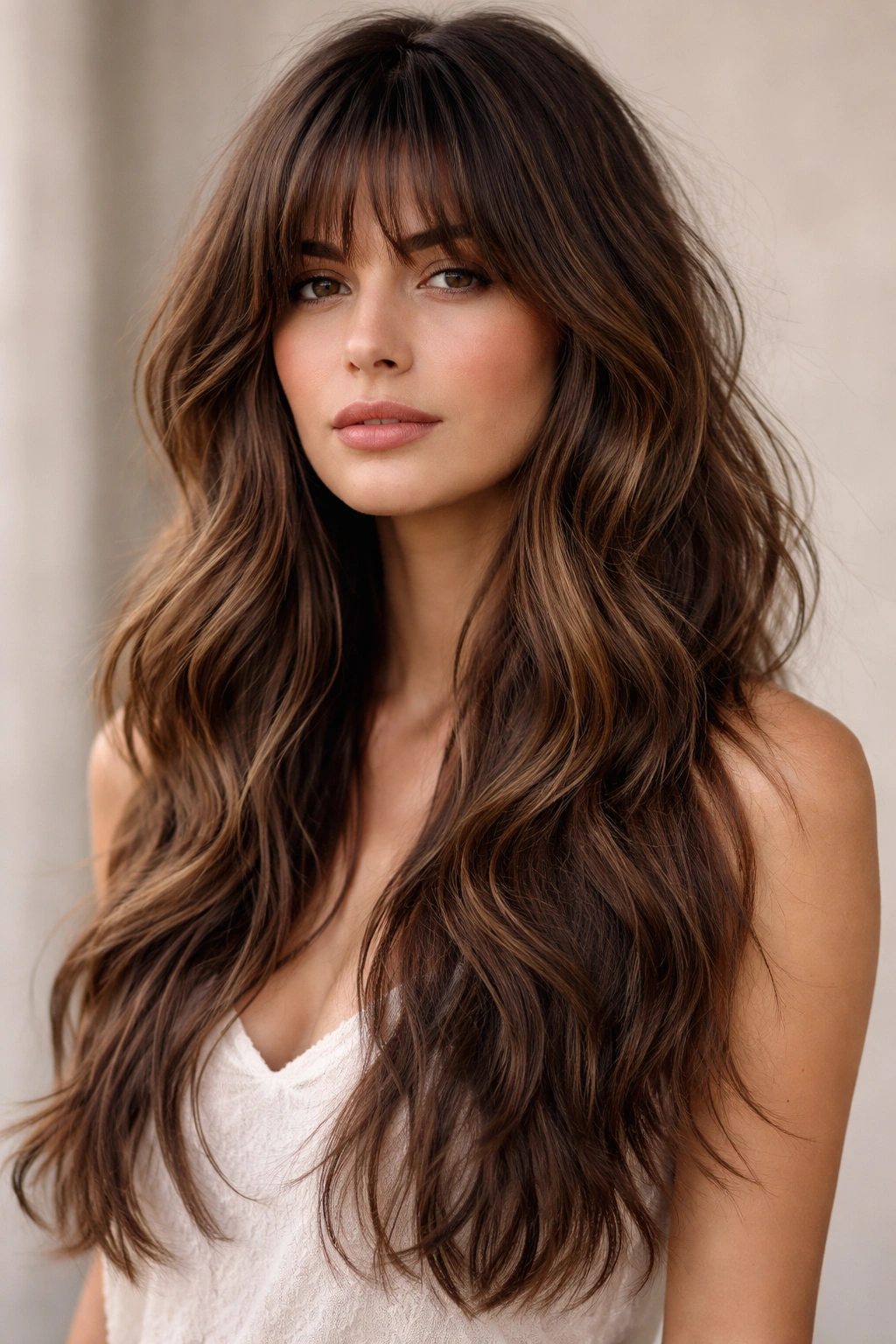 Long wavy hair with shaggy wispy bangs and layered texture