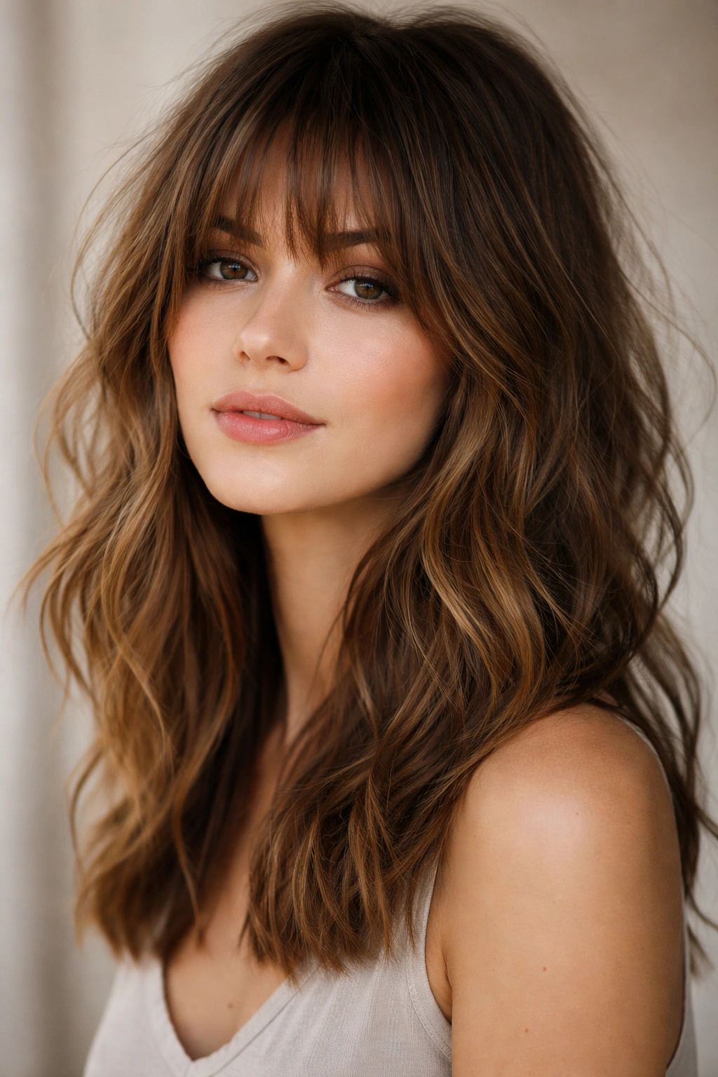 Shaggy bangs with textured piece-y strands on medium-length hair