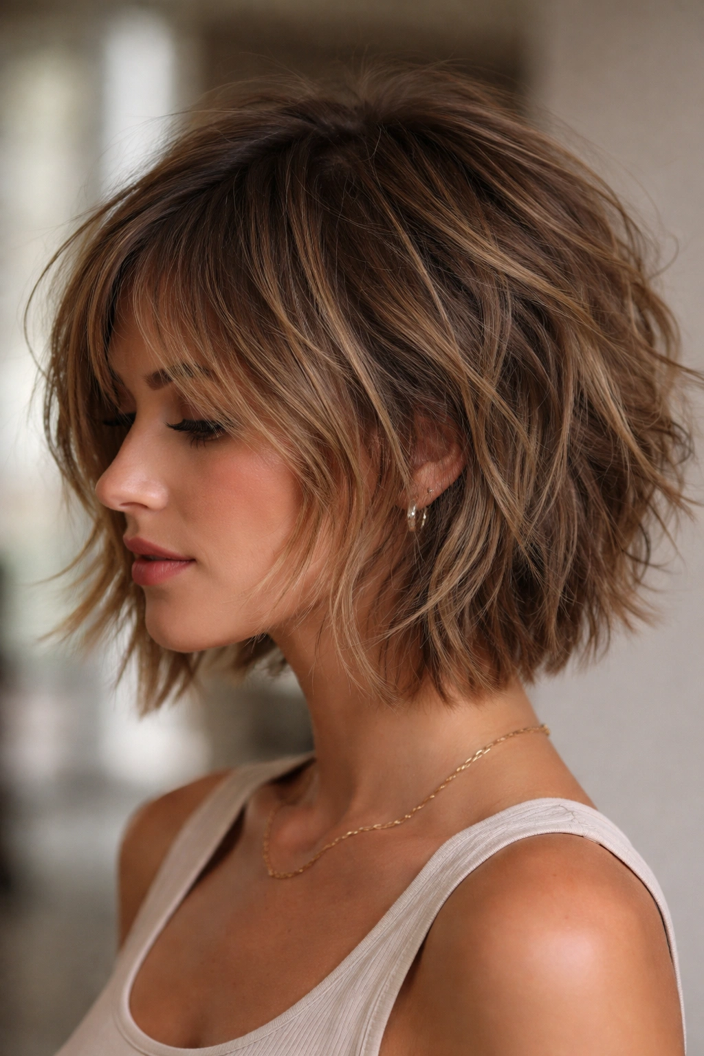 Shaggy bob with chopped layers and tousled texture around the crown