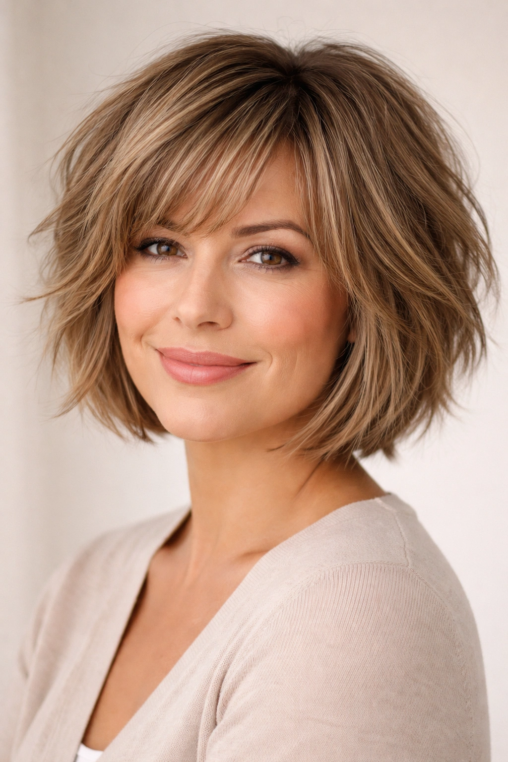 Portrait of a round-faced woman with a chin-length shaggy bob showing texture and movement