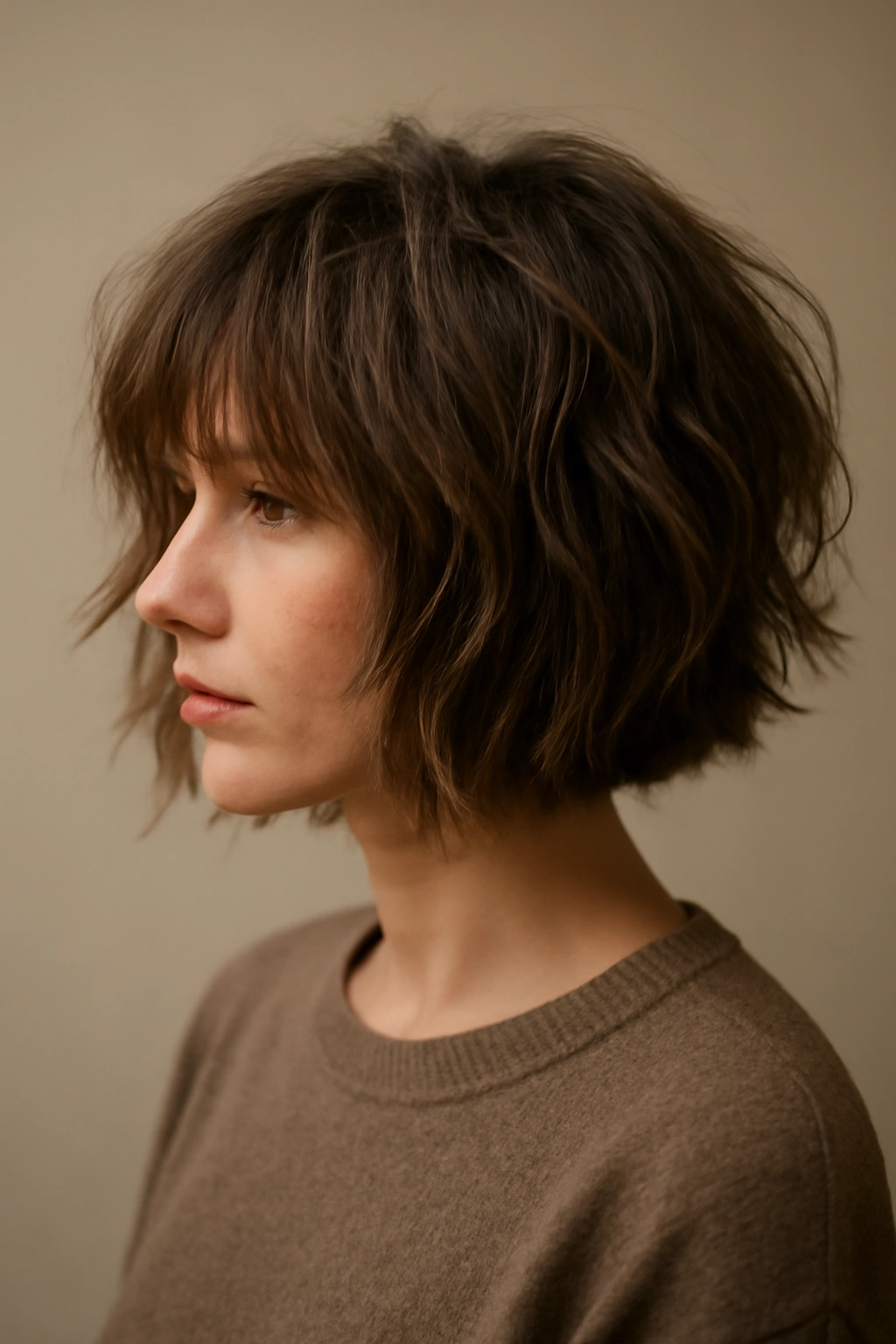 Shaggy bob hairstyle with choppy layers and tousled ends