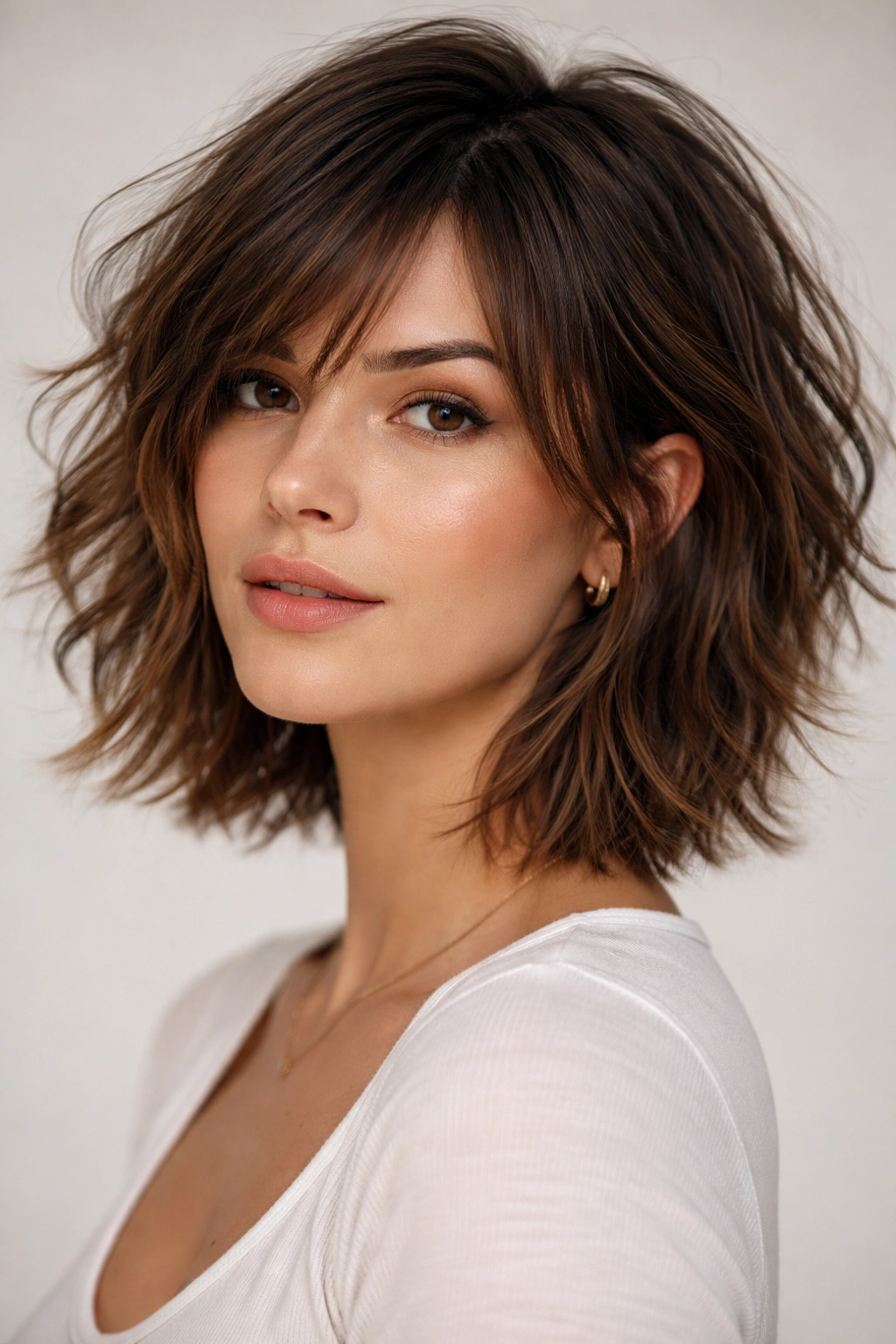 Shaggy bob with long front layers and tousled top creating movement