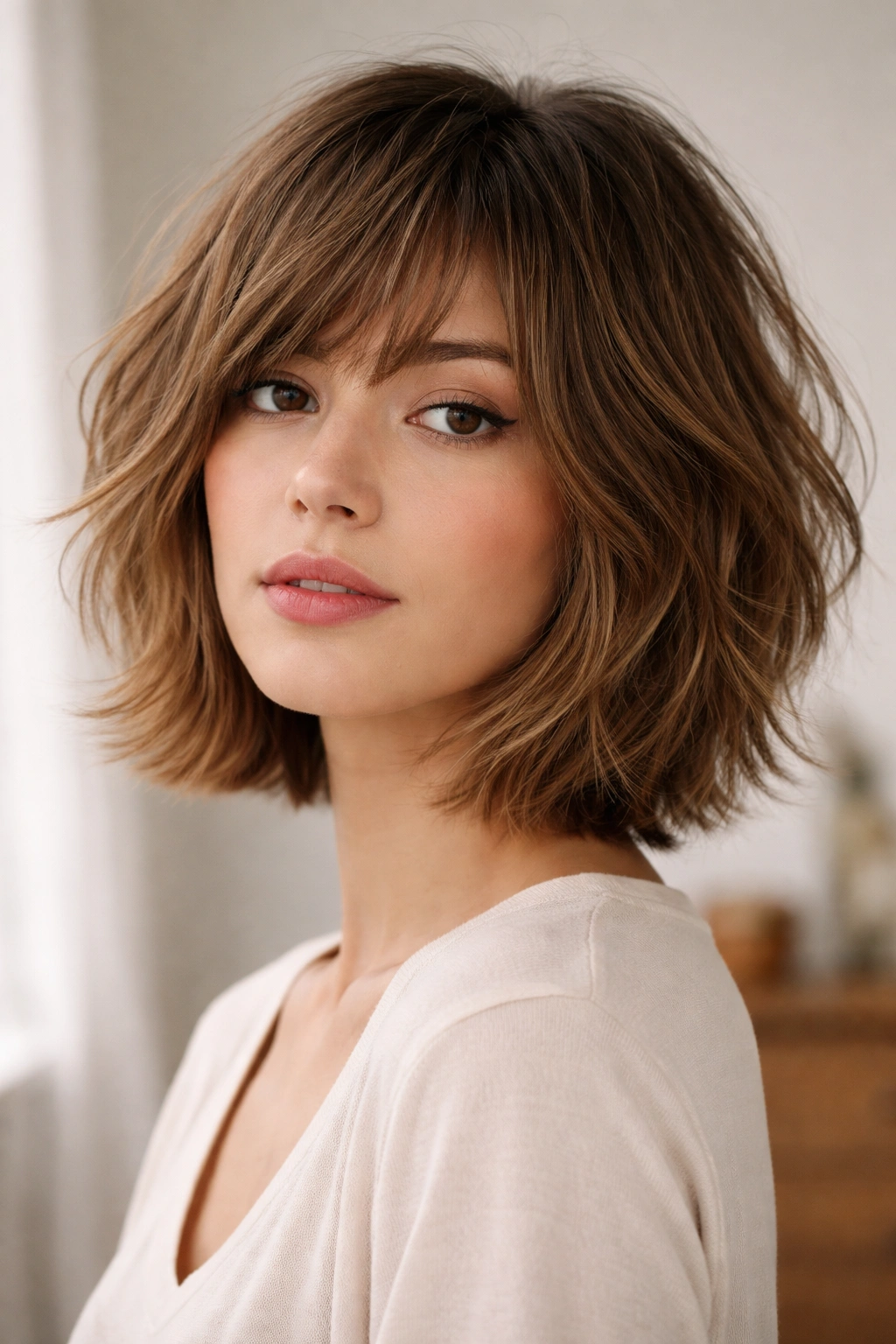 Chin-length shaggy bob with layered texture and movement