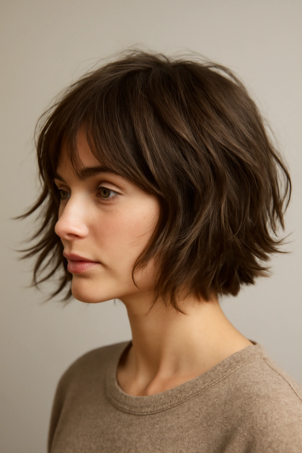 Side view of The Shaggy Bob with Movement showing chin-length textured layers