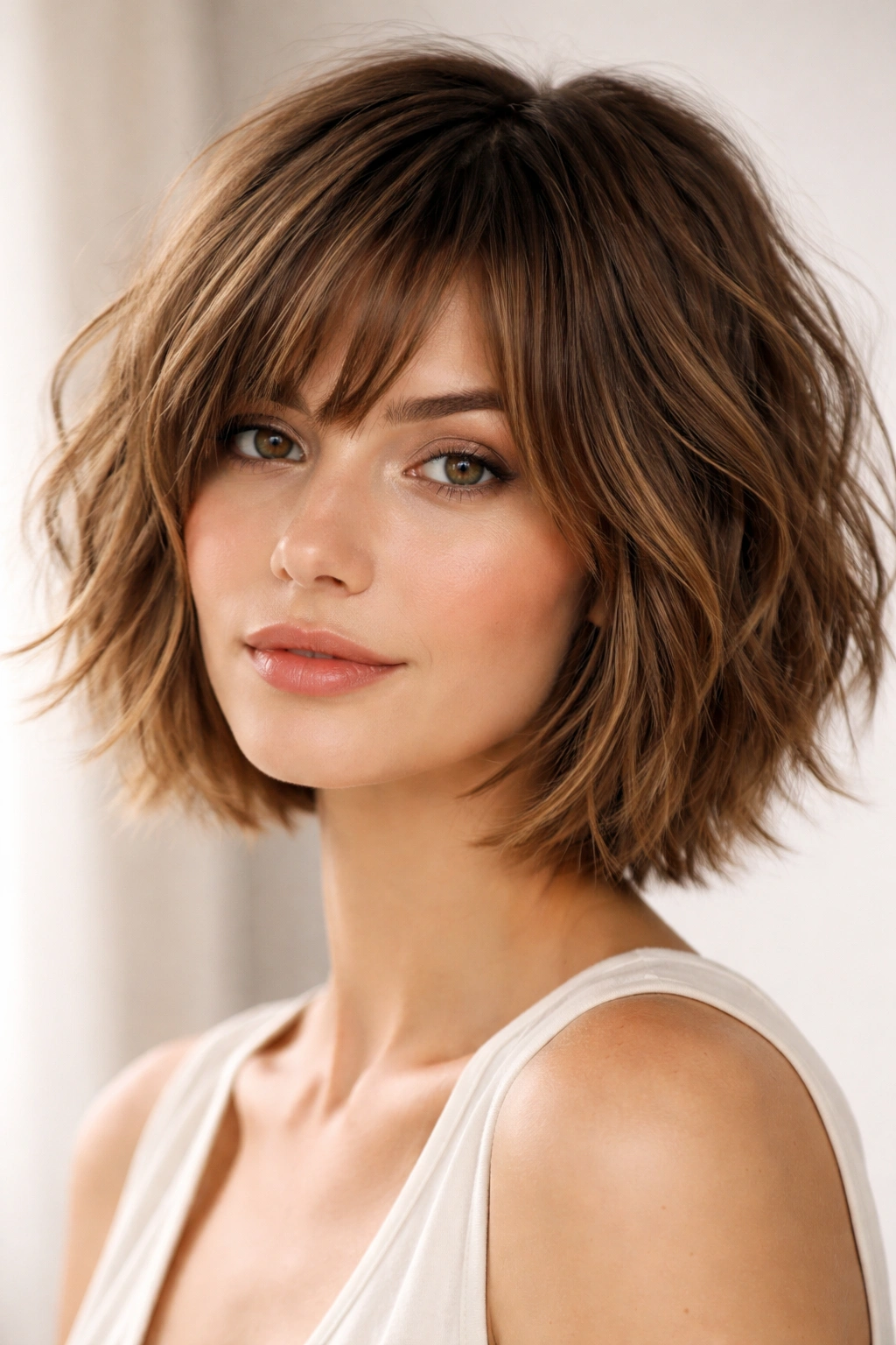 Close-up of a chin-length shaggy textured bob with choppy layers and movement.