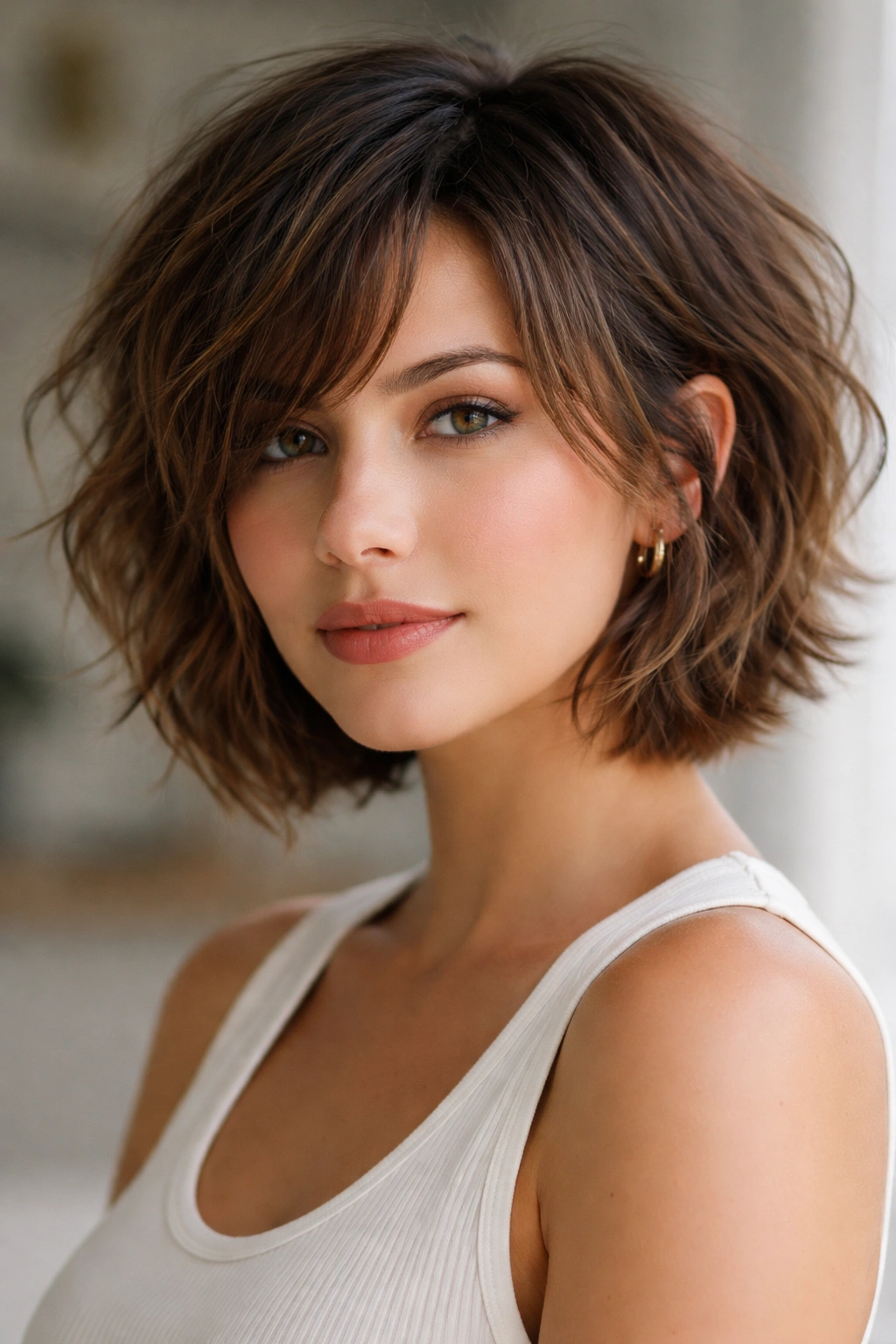 Shaggy textured bob with layered pieces and messy movement on a model