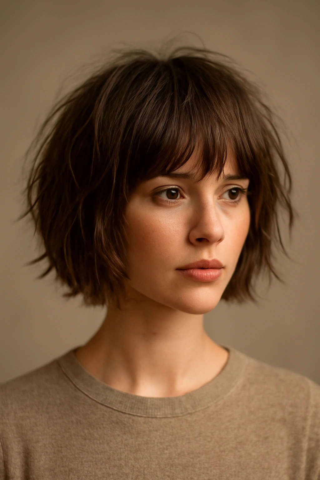 Shaggy bob with choppy layers and textured ends in studio lighting