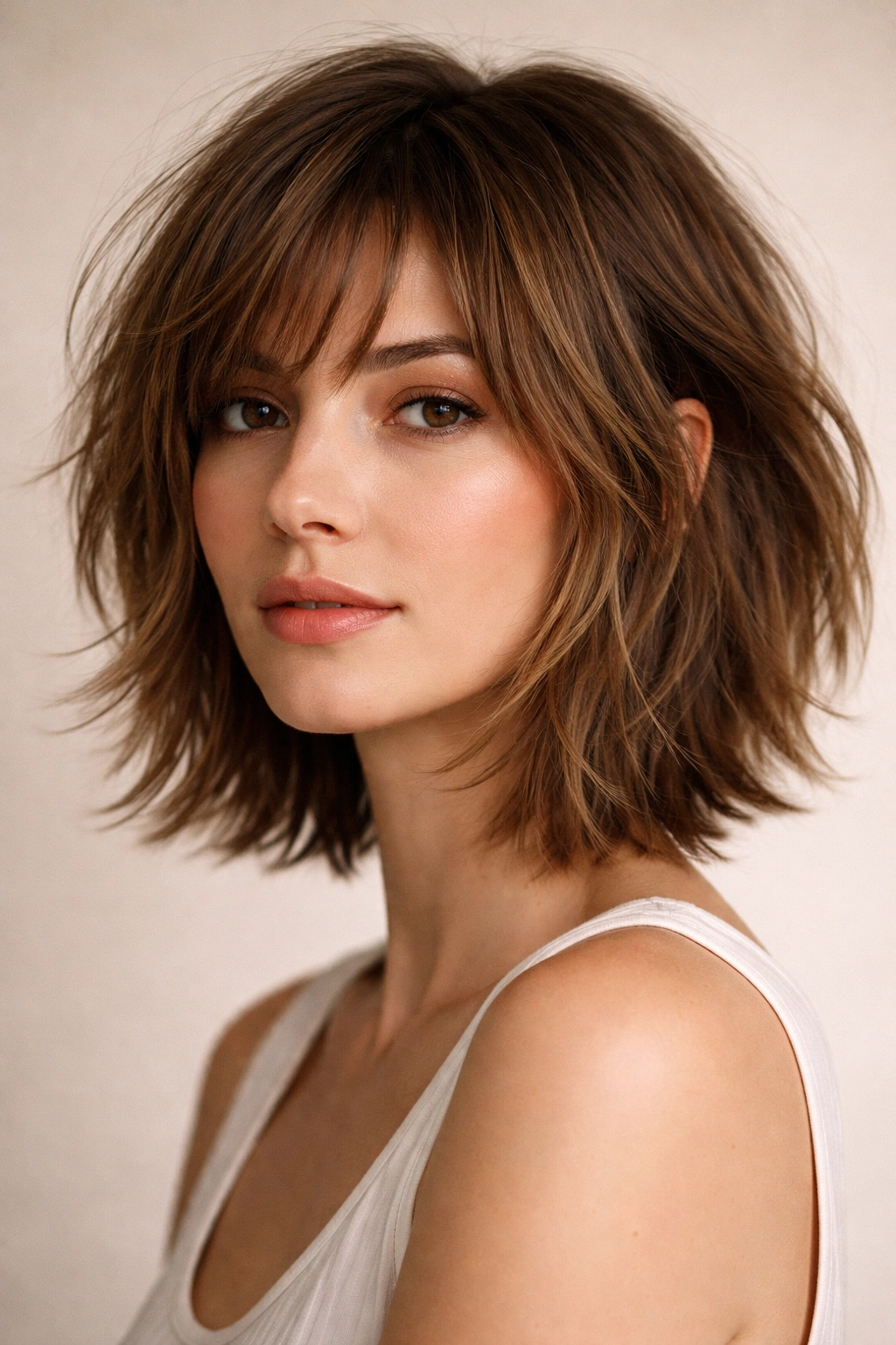 Front view of a chin-length shaggy bob with textured layers for added movement.
