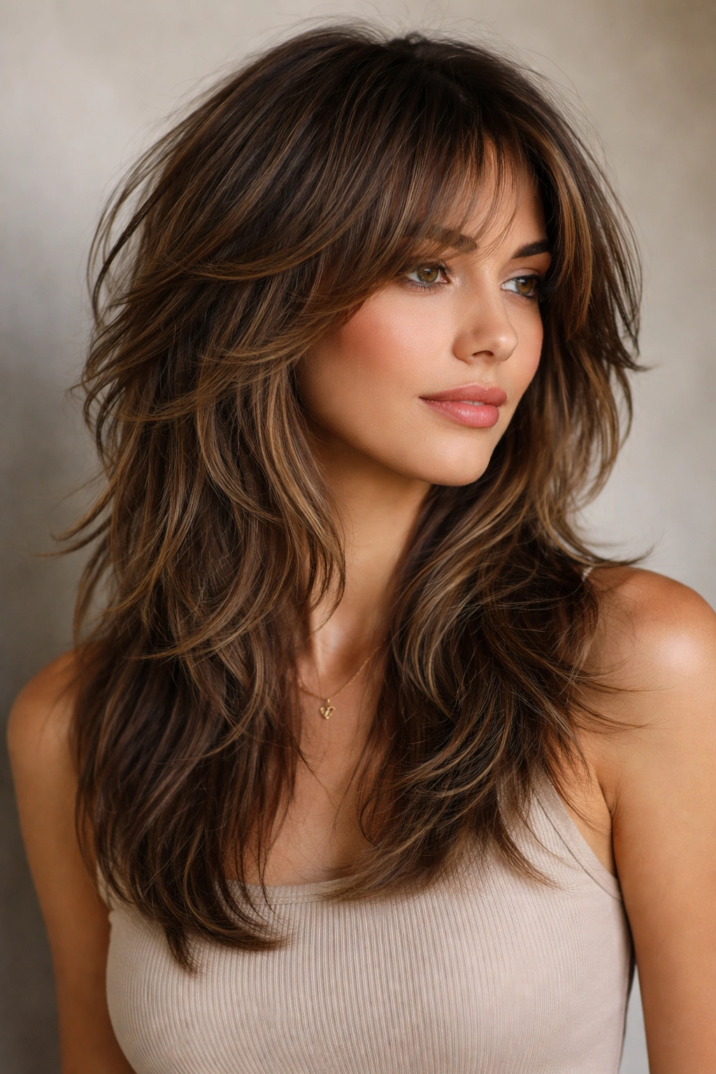 Portrait of a model with Shaggy Butterfly Cut showing textured peek-through layers for a casual, lived-in vibe