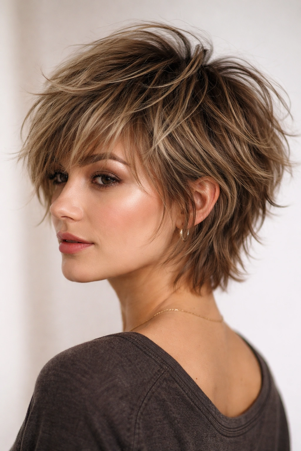 Shaggy crop hairstyle with uneven layers and tousled crown for volume.
