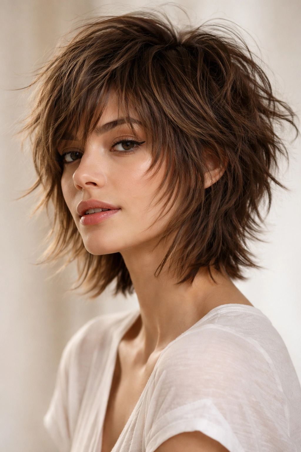 Model with shaggy crop featuring short crown and longer wispy layers framing the face.