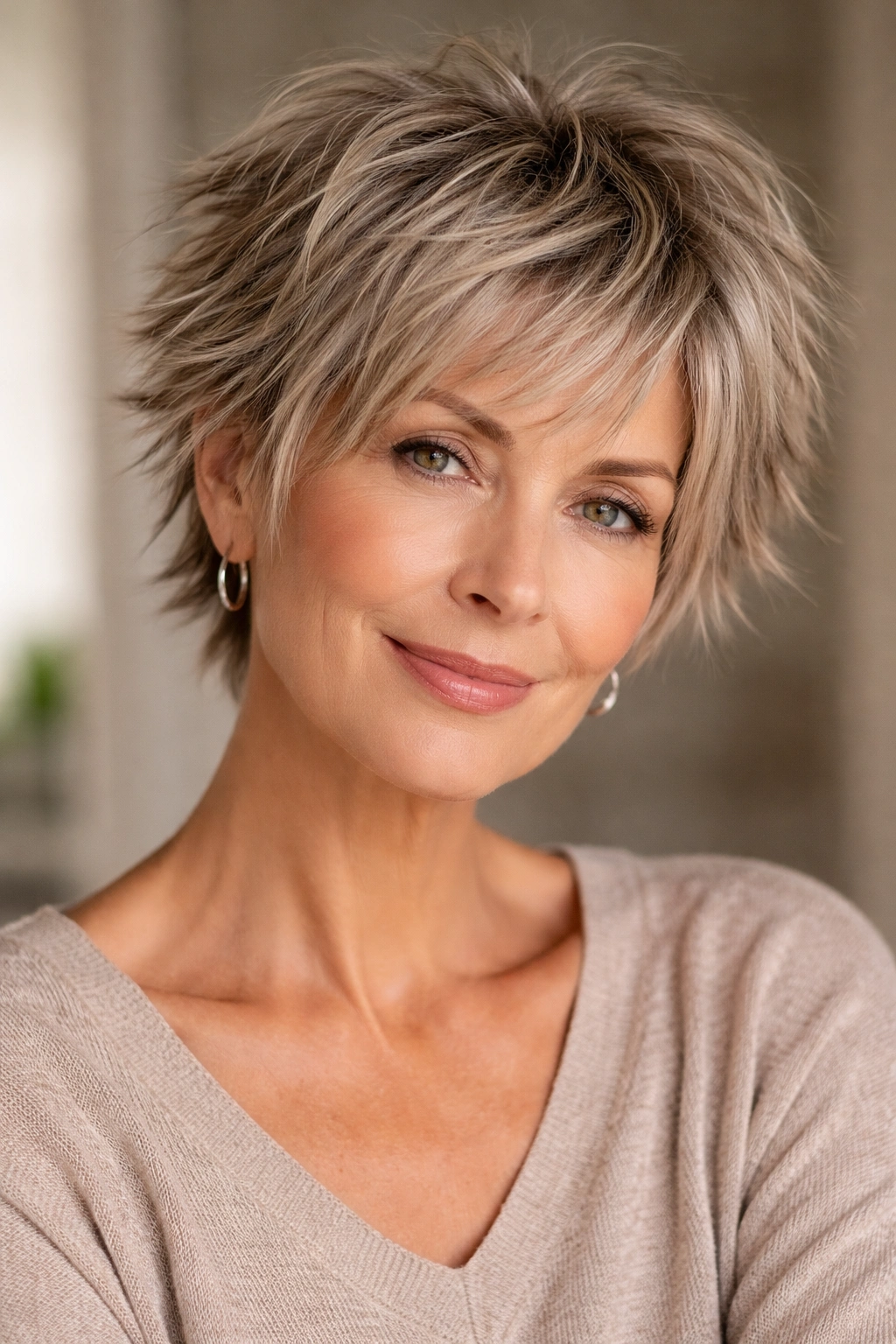Close-up of a mature woman with a shaggy crop featuring choppy layers and feathered edges.