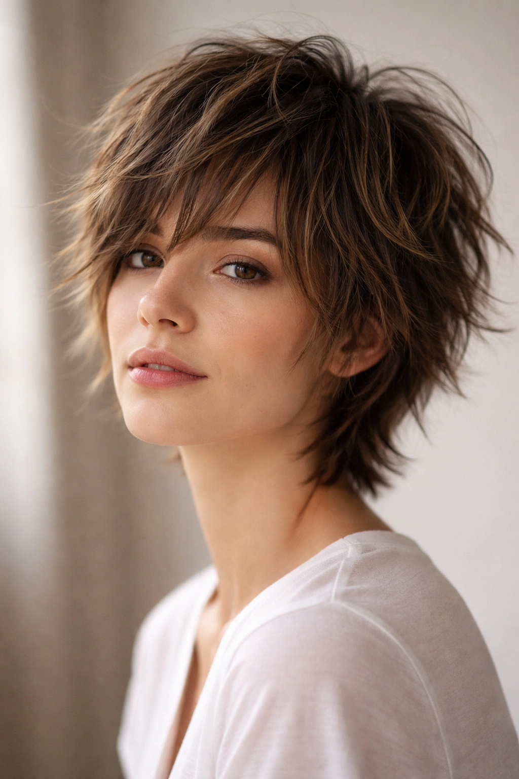 Close-up of a person with a shaggy crop showing feathered layers and tousled texture