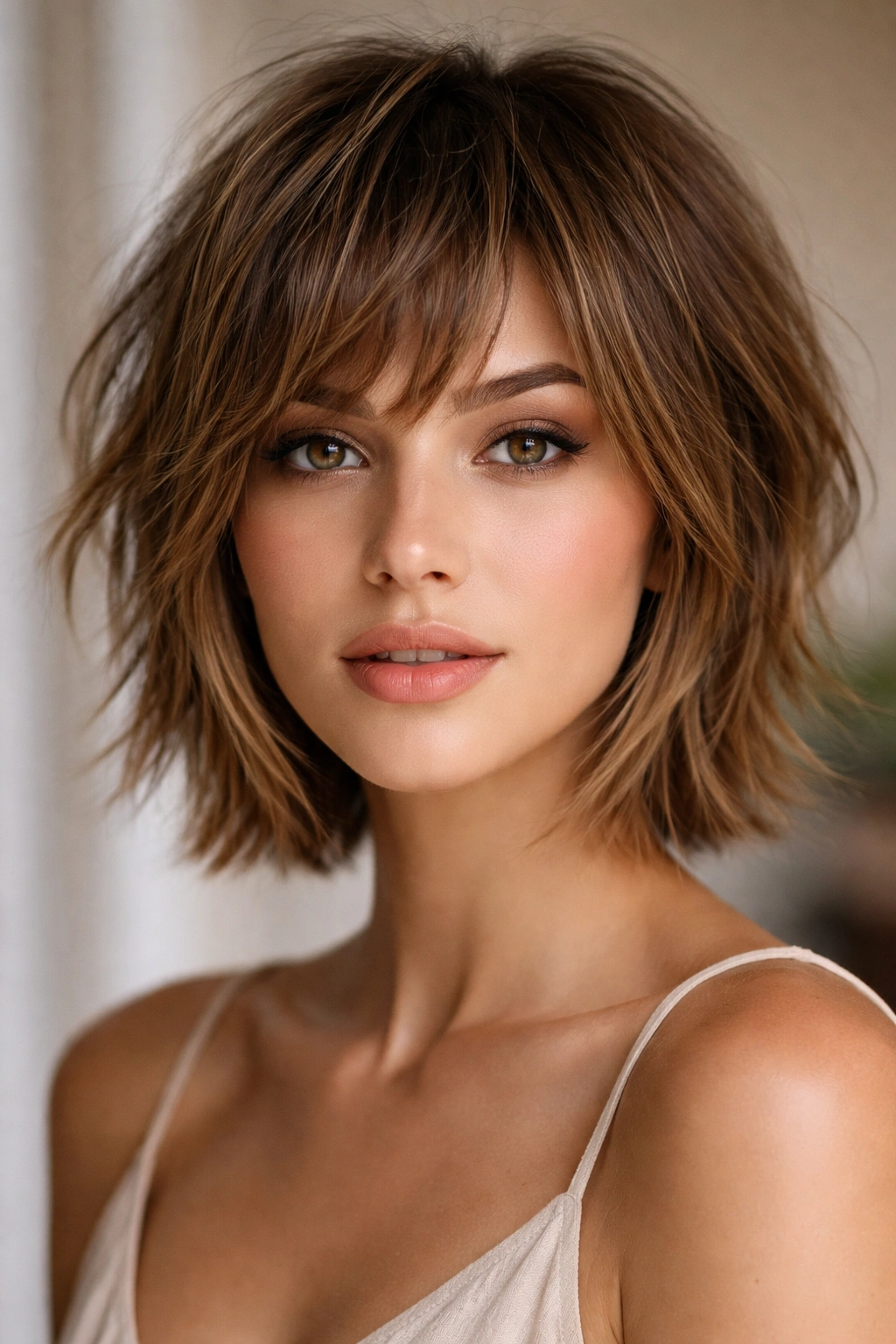 Chin-length shaggy textured crop with face-framing layers around the cheekbones
