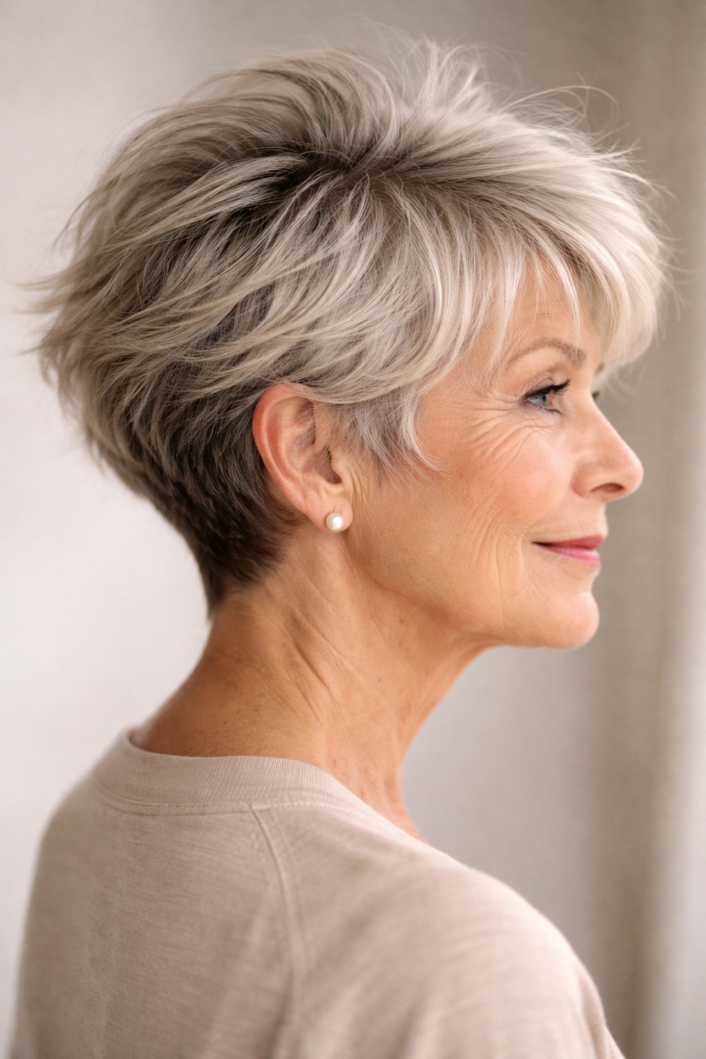 Close-up side profile of an older woman with a shaggy textured cut and hidden undercut.