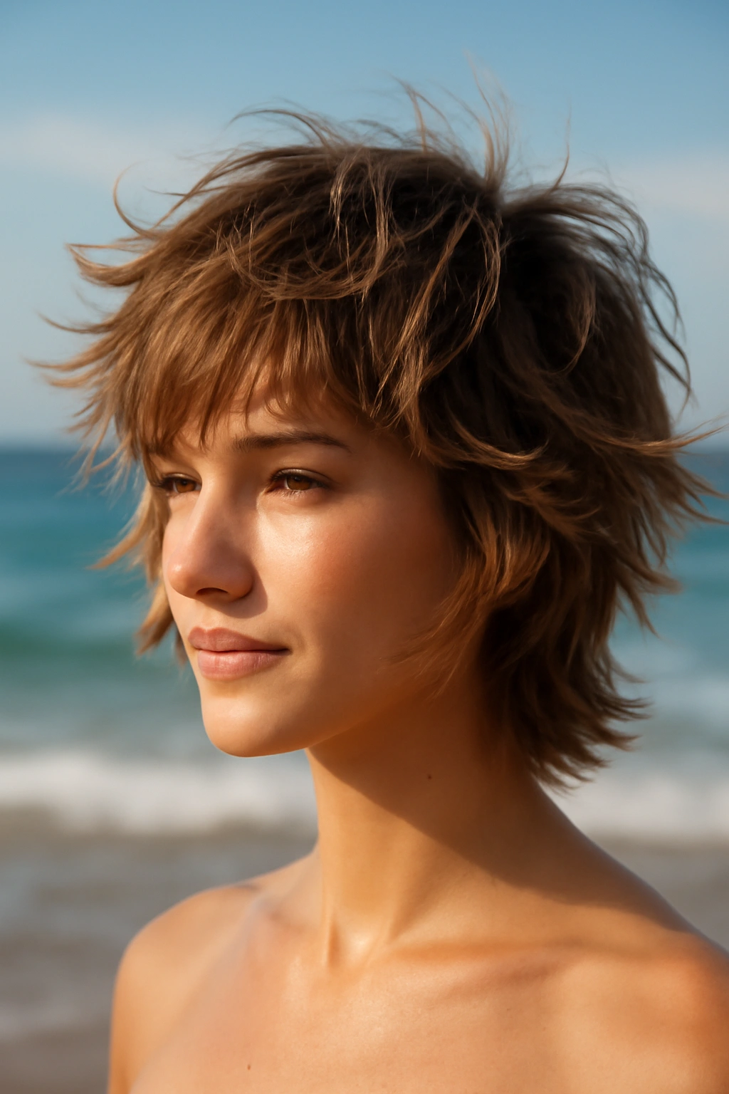 Close-up of shaggy feathered texture on short hair at the beach