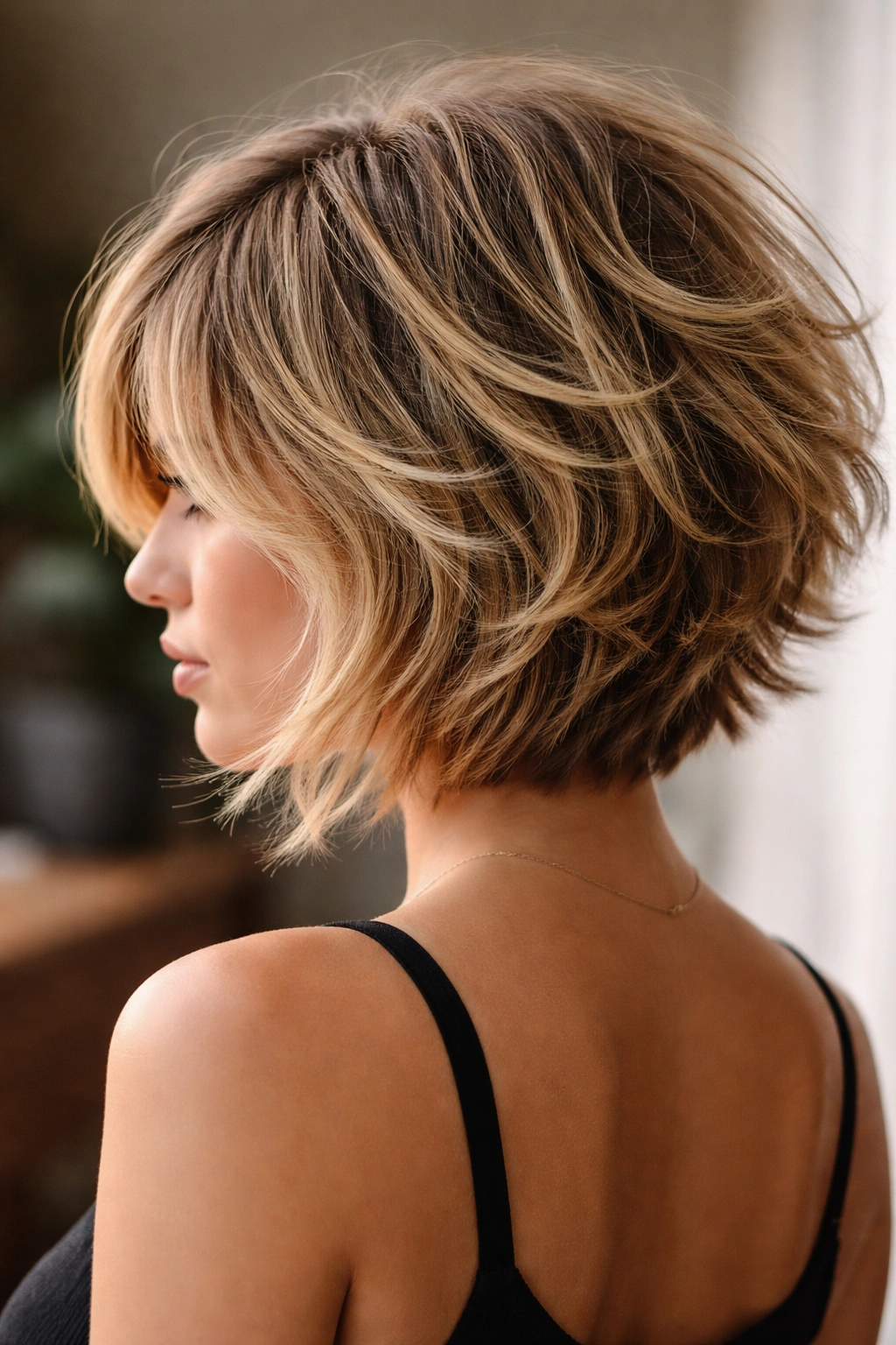 Shaggy inverted bob with heavy back layers and retro texture