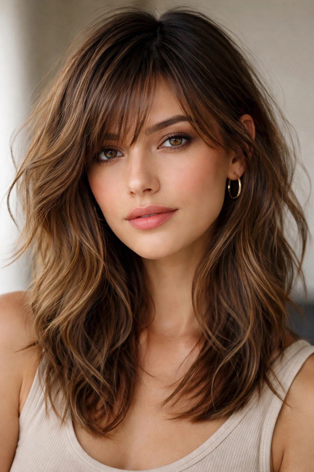 Close-up of shaggy layered bangs with a side part showing textured, choppy layers.