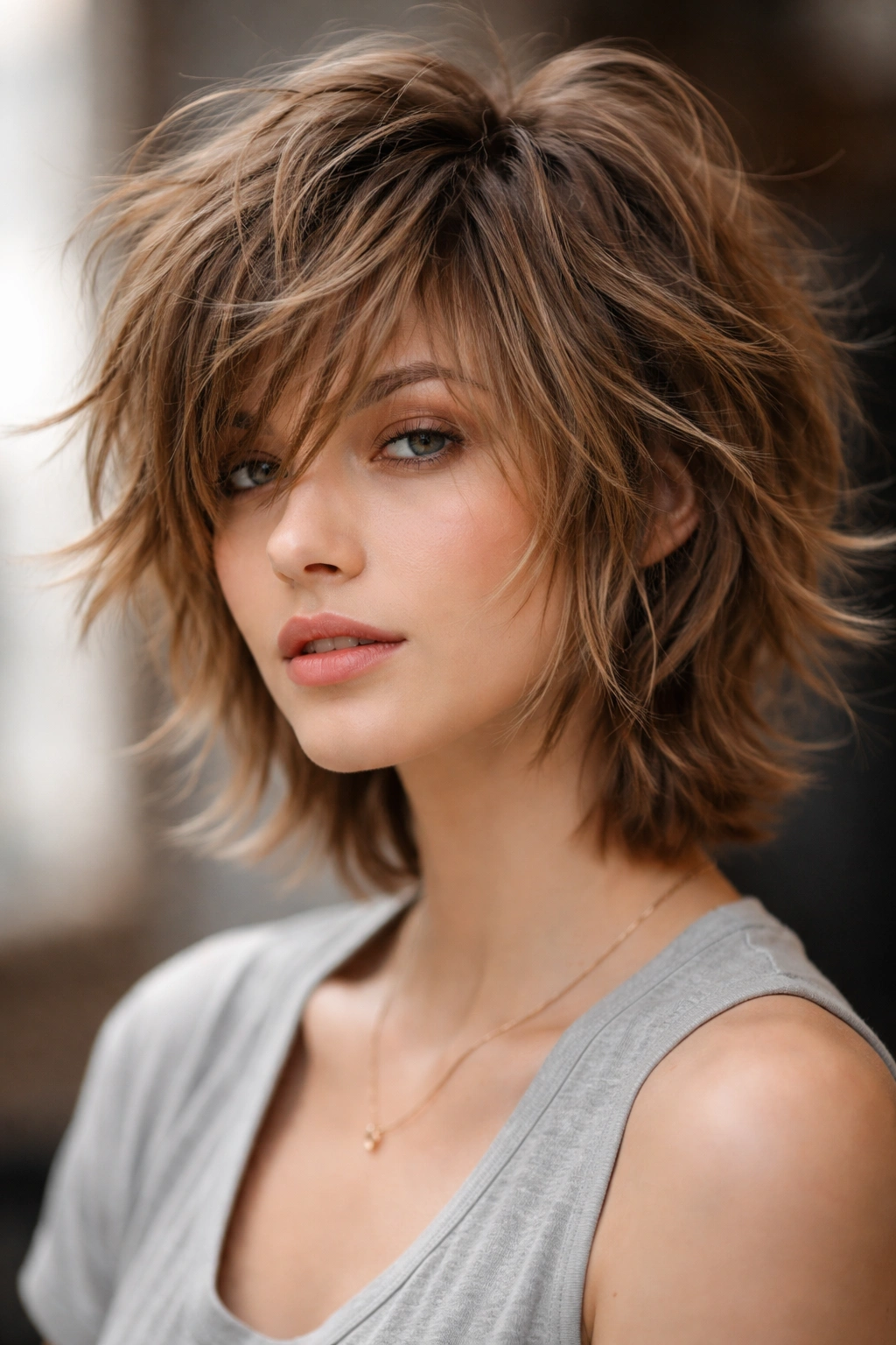 Three-quarter view of a shaggy layered short cut with choppy, undone layers.